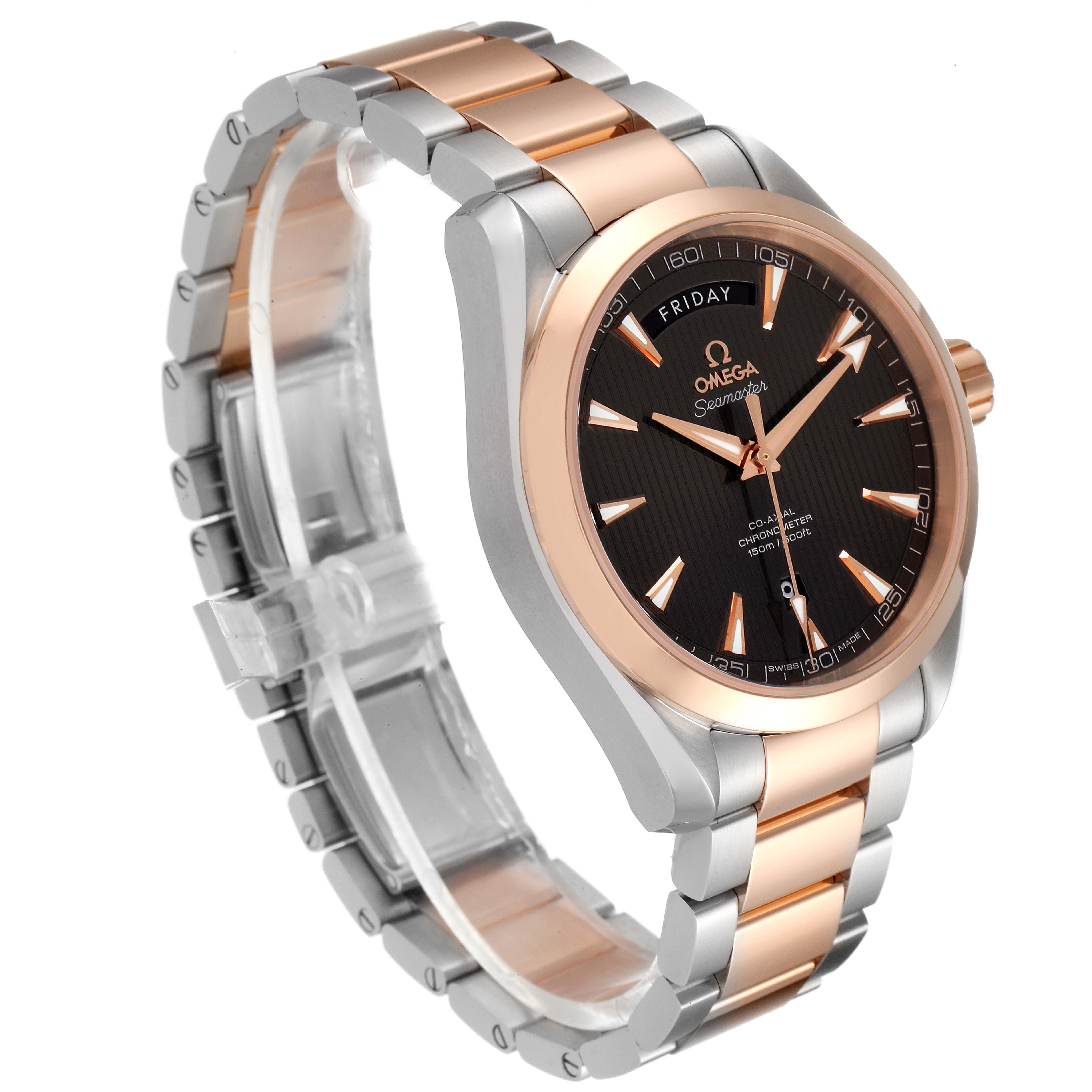 The Omega Aqua Terra 231.20.42.22.06.001 Men's Steel and Gold (two tone) Grey Dial 231.20.42.22.06.001 Men's Steel and Gold (two tone) Grey Dial watch is shown at an angle displaying the face, bezel, case, and two-tone bracelet.