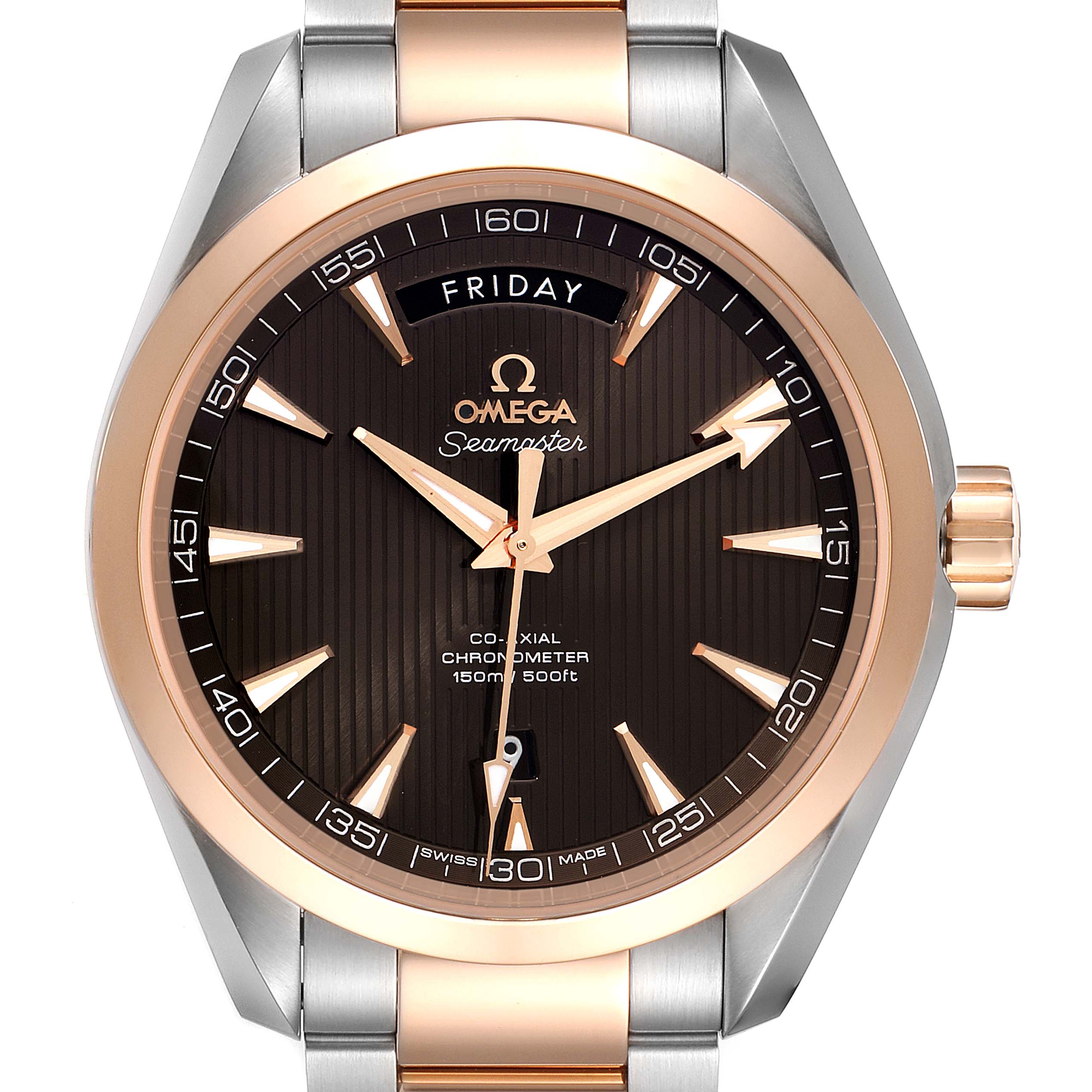The Omega Aqua Terra 231.20.42.22.06.001 Men's Steel and Gold (two tone) Grey Dial 231.20.42.22.06.001 Men's Steel and Gold (two tone) Grey Dial watch is shown from a front angle, displaying the dial, bezel, crown, and part of the metal strap.