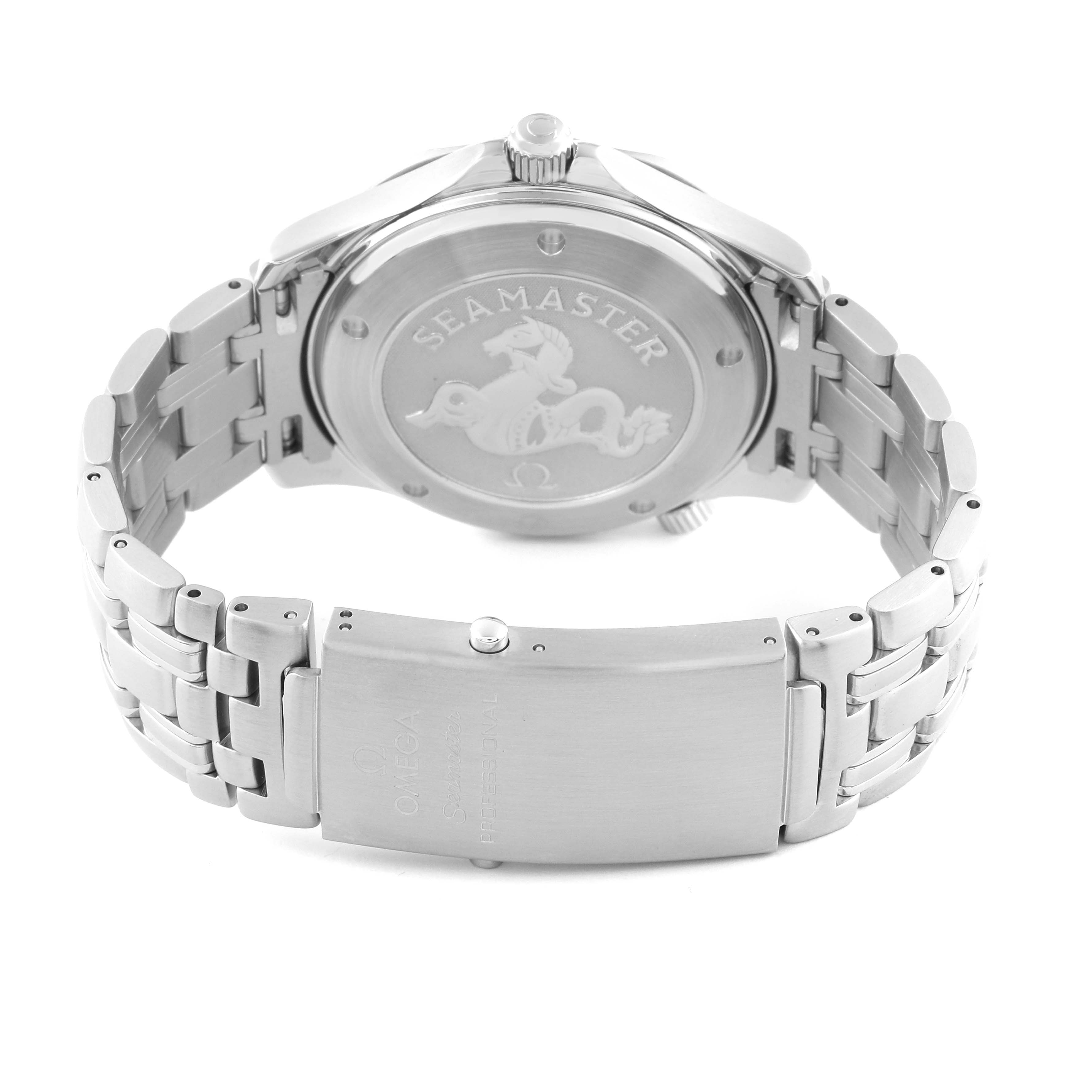 The Omega Seamaster 212.30.41.20.01.002 Men
s Stainless Steel Black Dial 212.30.41.20.01.002 Men
s Stainless Steel Black Dial watch is shown from the back, highlighting the case back and stainless steel bracelet.