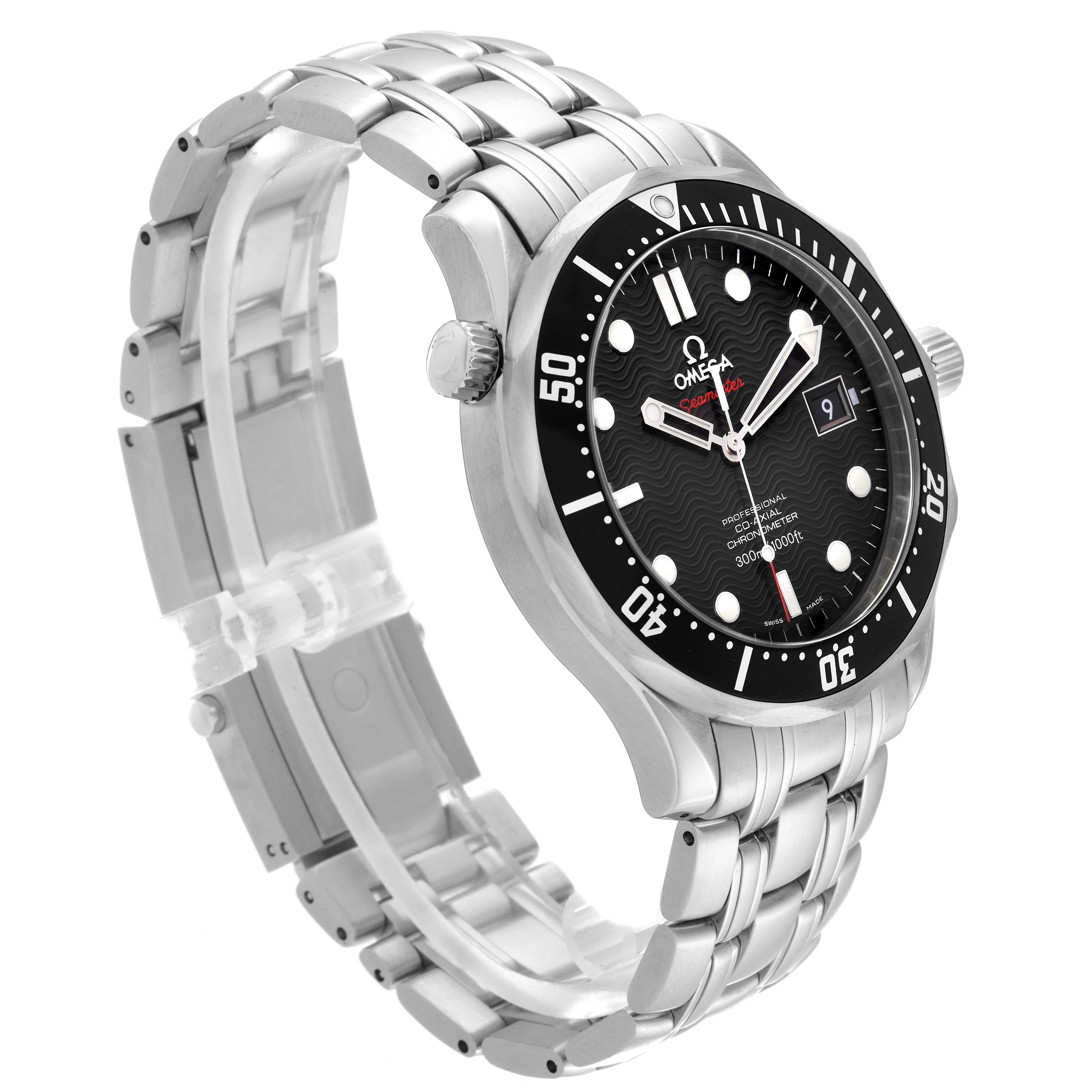 The Omega Seamaster 212.30.41.20.01.002 Men
s Stainless Steel Black Dial 212.30.41.20.01.002 Men
s Stainless Steel Black Dial watch is shown at an angle highlighting the bezel, dial, and stainless steel bracelet.
