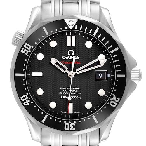 The Omega Seamaster watch is shown from a front angle highlighting the dial, bezel, and part of the bracelet.