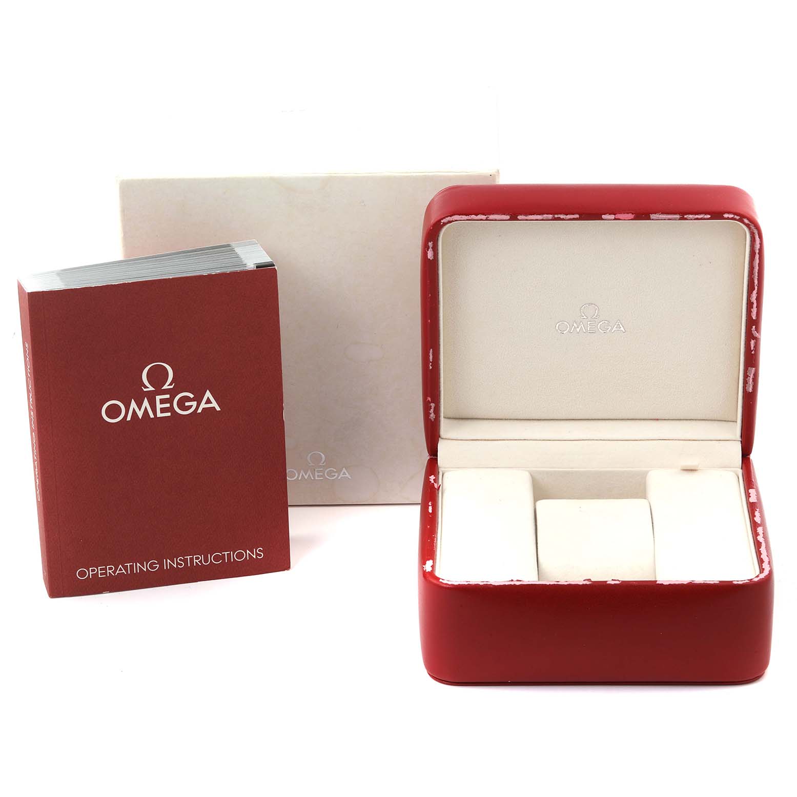 This image shows the Omega Seamaster 212.30.41.20.01.002 Men
s Stainless Steel Black Dial 212.30.41.20.01.002 Men
s Stainless Steel Black Dial watch accessories, including an empty red case and an operating instructions booklet.