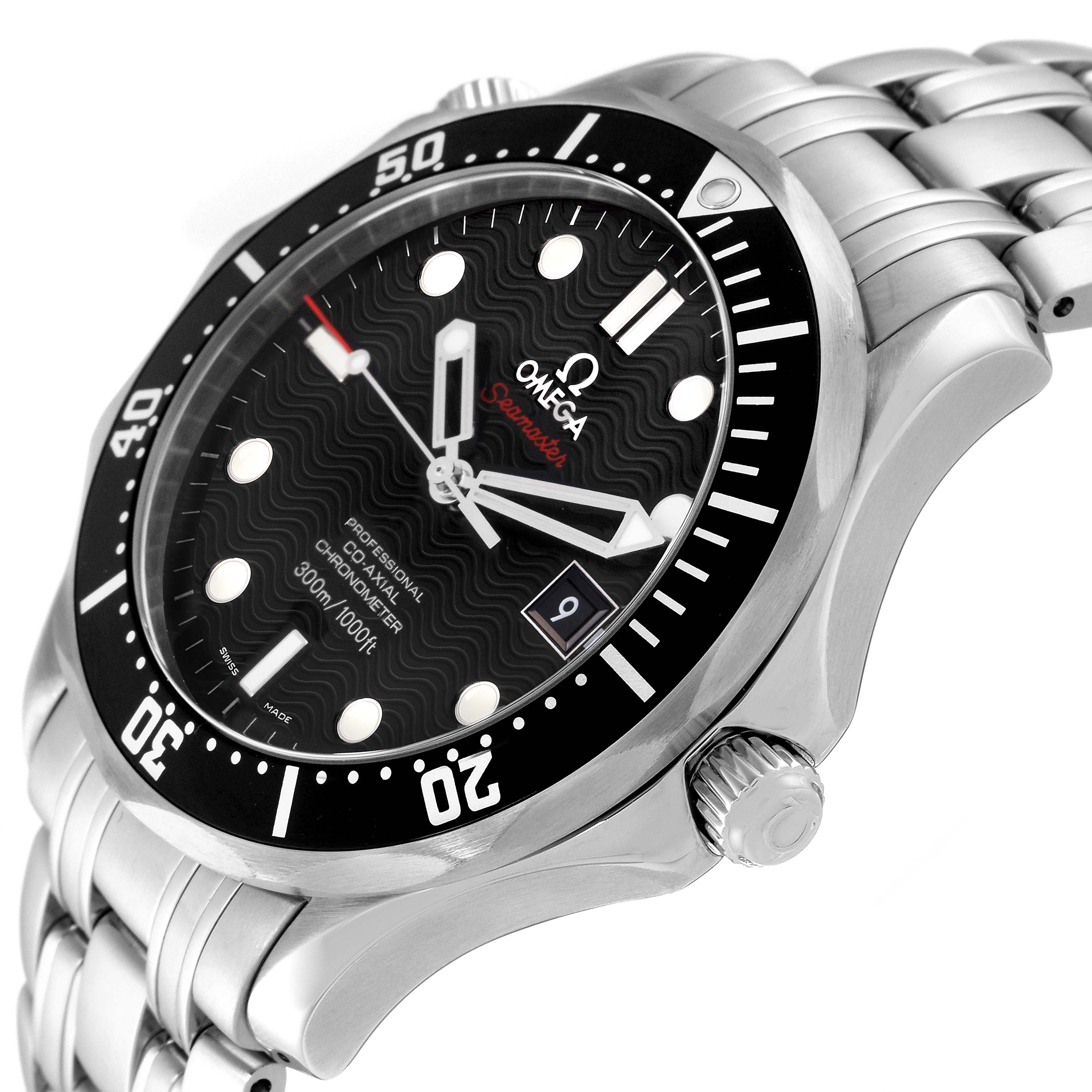 The Omega Seamaster 212.30.41.20.01.002 Men
s Stainless Steel Black Dial 212.30.41.20.01.002 Men
s Stainless Steel Black Dial watch is shown at an angle highlighting the face, bezel, crown, and bracelet.
