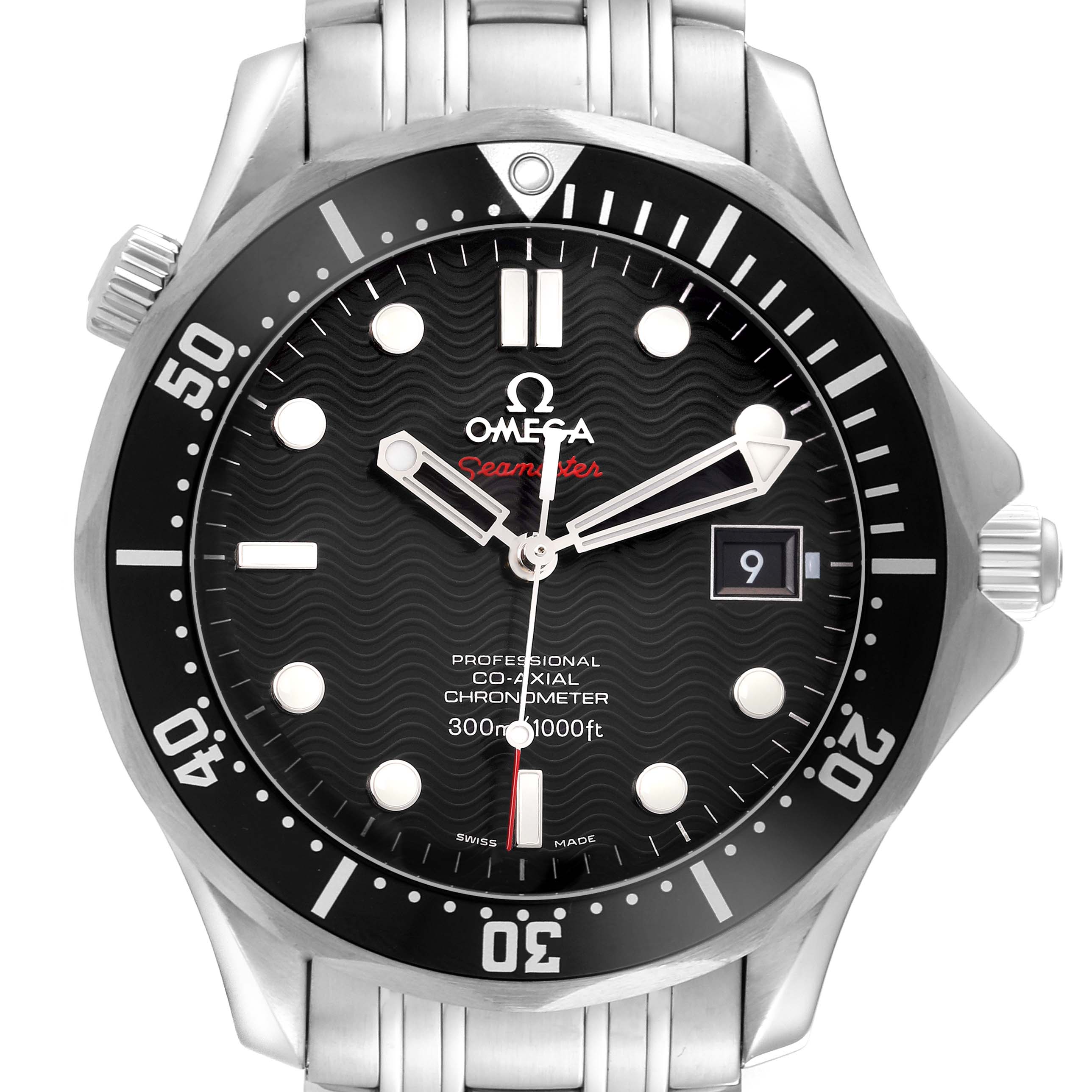 The Omega Seamaster 212.30.41.20.01.002 Men
s Stainless Steel Black Dial 212.30.41.20.01.002 Men
s Stainless Steel Black Dial watch is shown from a front angle, displaying its face, bezel, crown, and stainless steel bracelet.