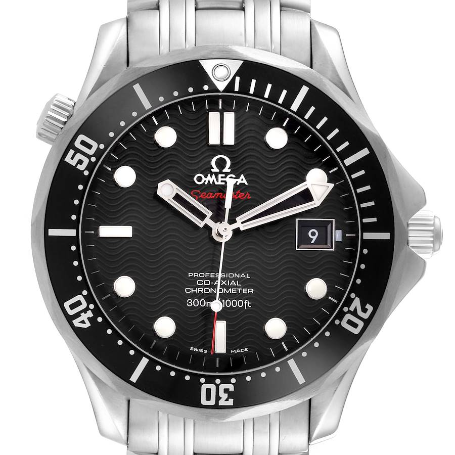 The Omega Seamaster watch is shown from a front angle, displaying its face, bezel, crown, and stainless steel bracelet.