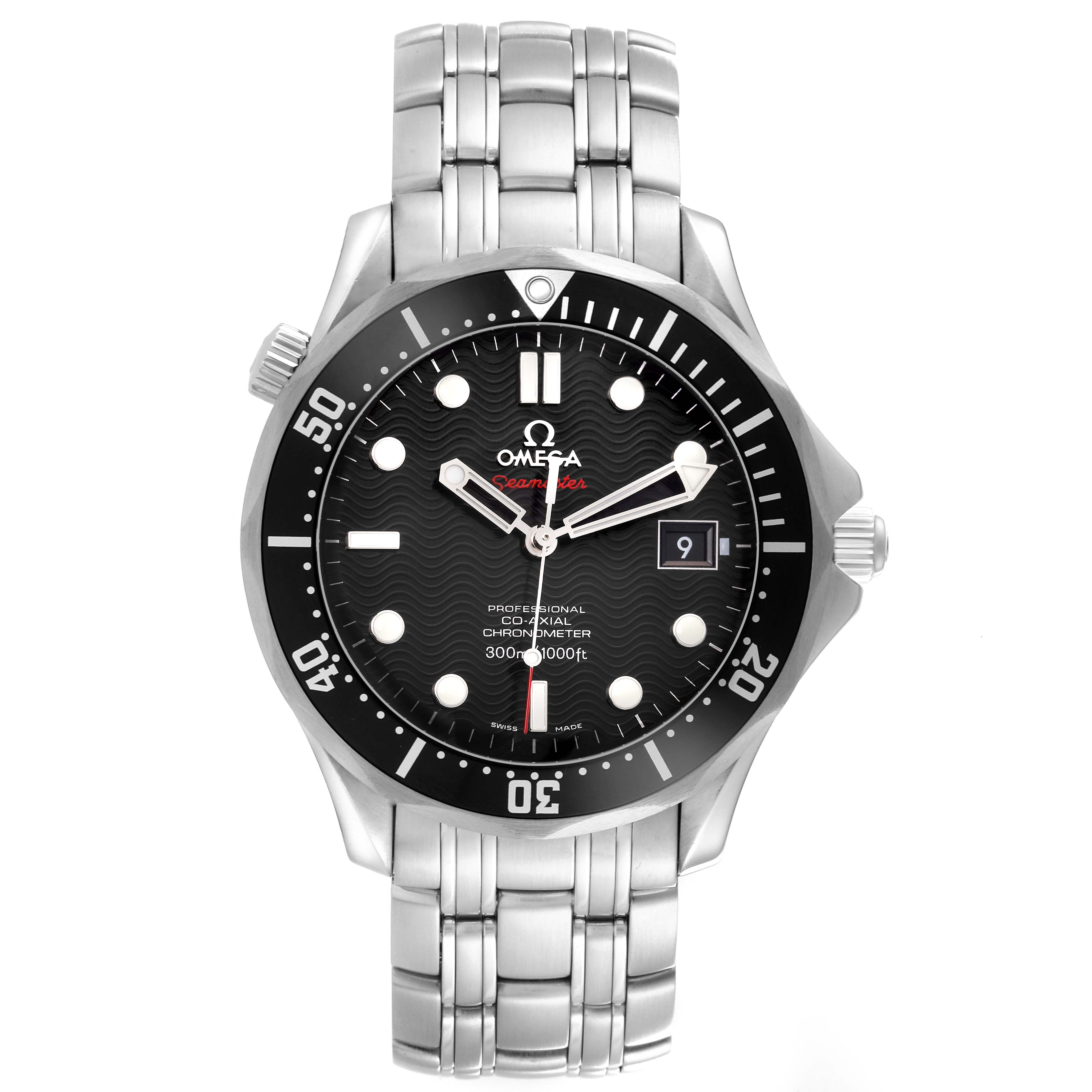 The Omega Seamaster 212.30.41.20.01.002 Men
s Stainless Steel Black Dial 212.30.41.20.01.002 Men
s Stainless Steel Black Dial watch is shown from a front angle, highlighting its dial, bezel, and metal bracelet.