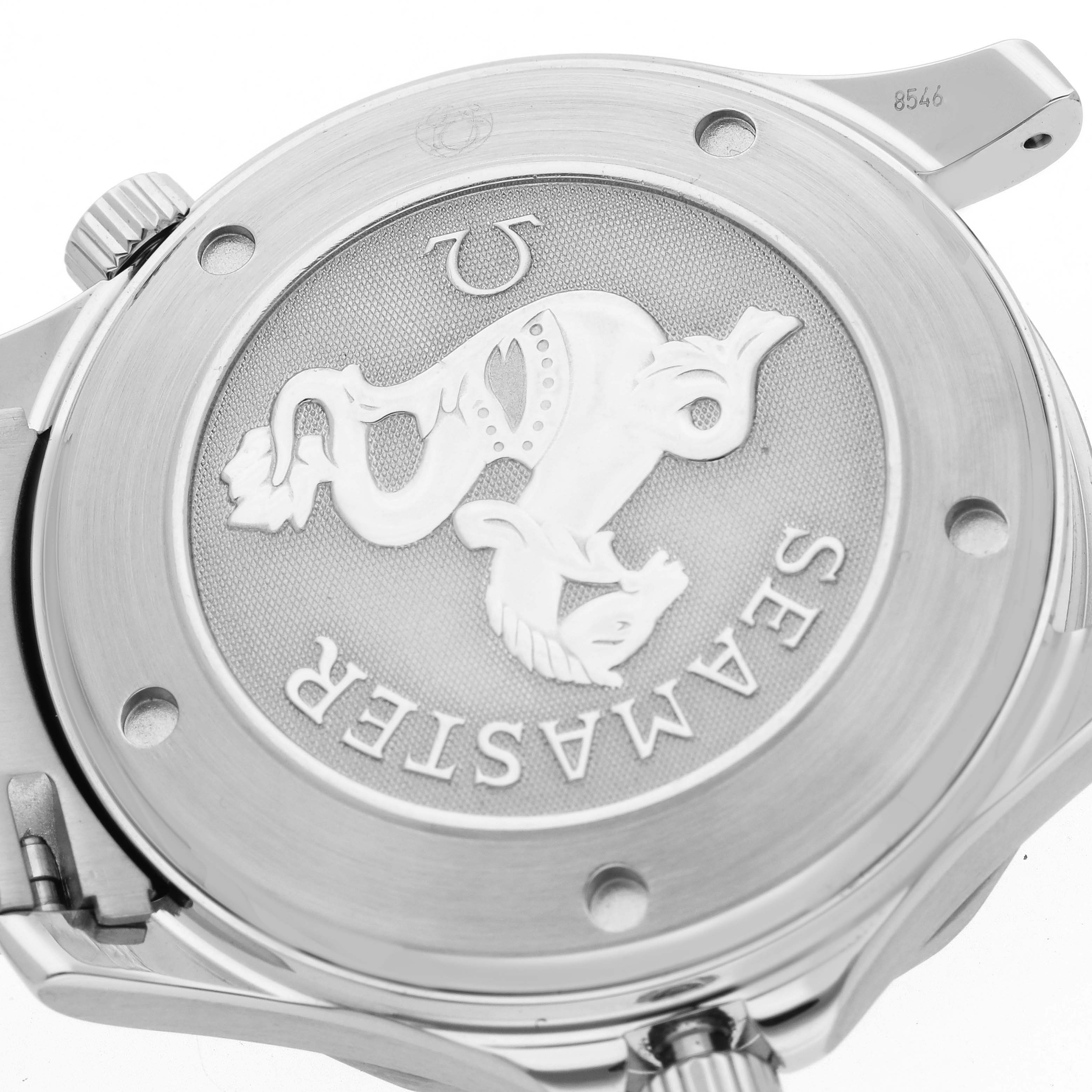 The image shows the case back of the Omega Seamaster 212.30.41.20.01.002 Men
s Stainless Steel Black Dial 212.30.41.20.01.002 Men
s Stainless Steel Black Dial model, highlighting the engraved design and branding.