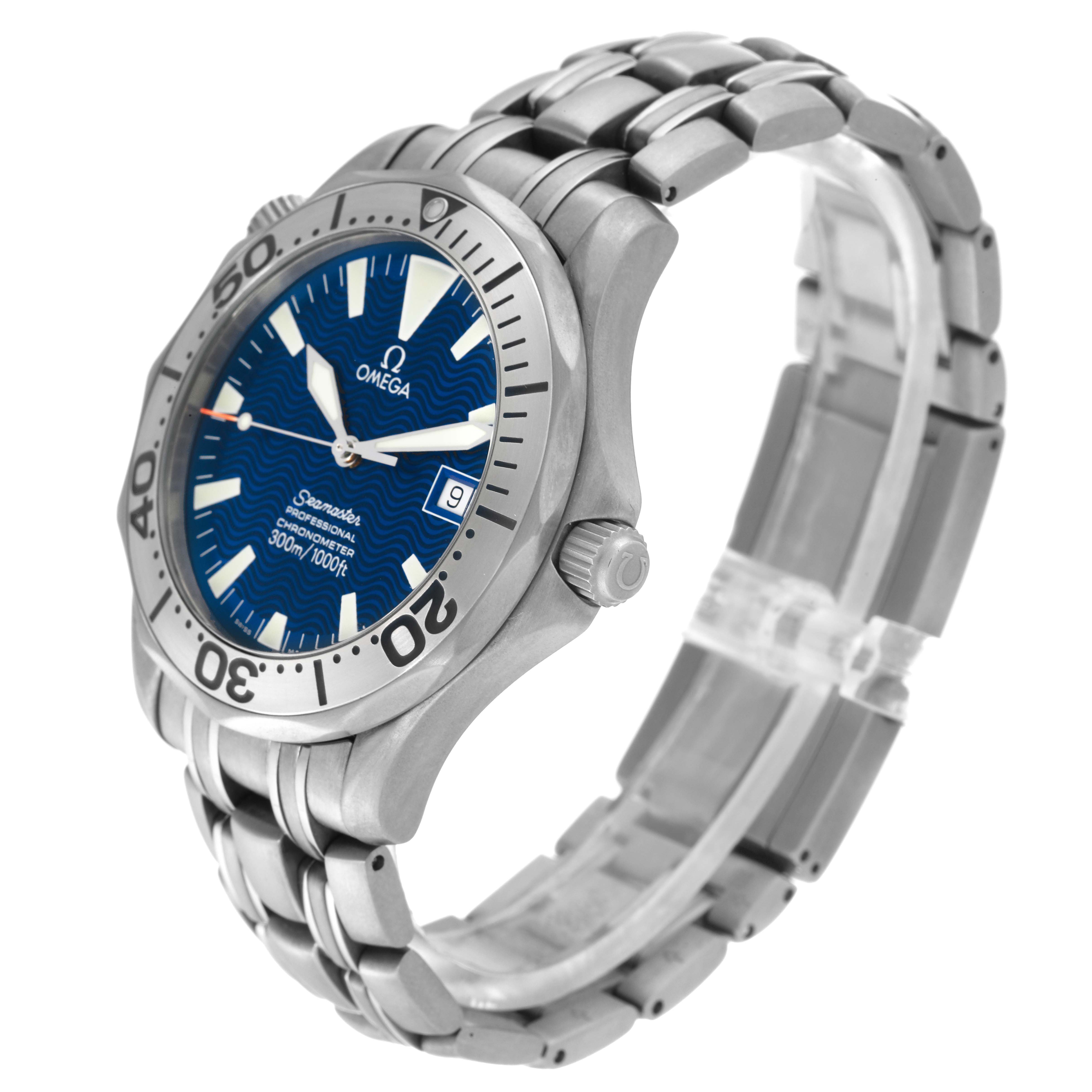 The Omega Seamaster 2231.80.00 Men's Titanium Blue Dial 2231.80.00 Men's Titanium Blue Dial watch is shown at a three-quarter angle, highlighting its blue dial, bezel, and stainless steel bracelet.