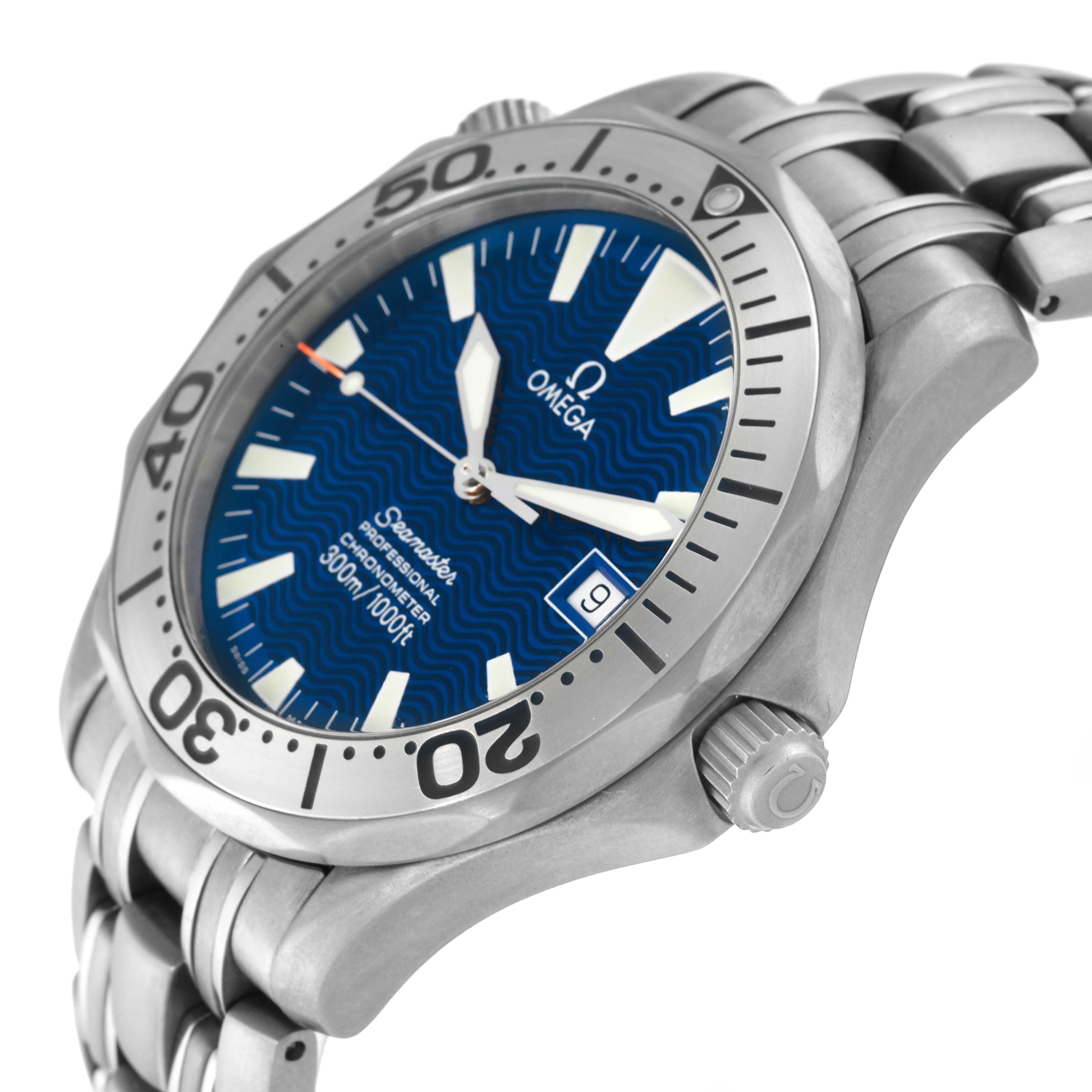 The Omega Seamaster 2231.80.00 Men's Titanium Blue Dial 2231.80.00 Men's Titanium Blue Dial watch is shown from a diagonal side view, highlighting the bezel, face, crown, and part of the bracelet.