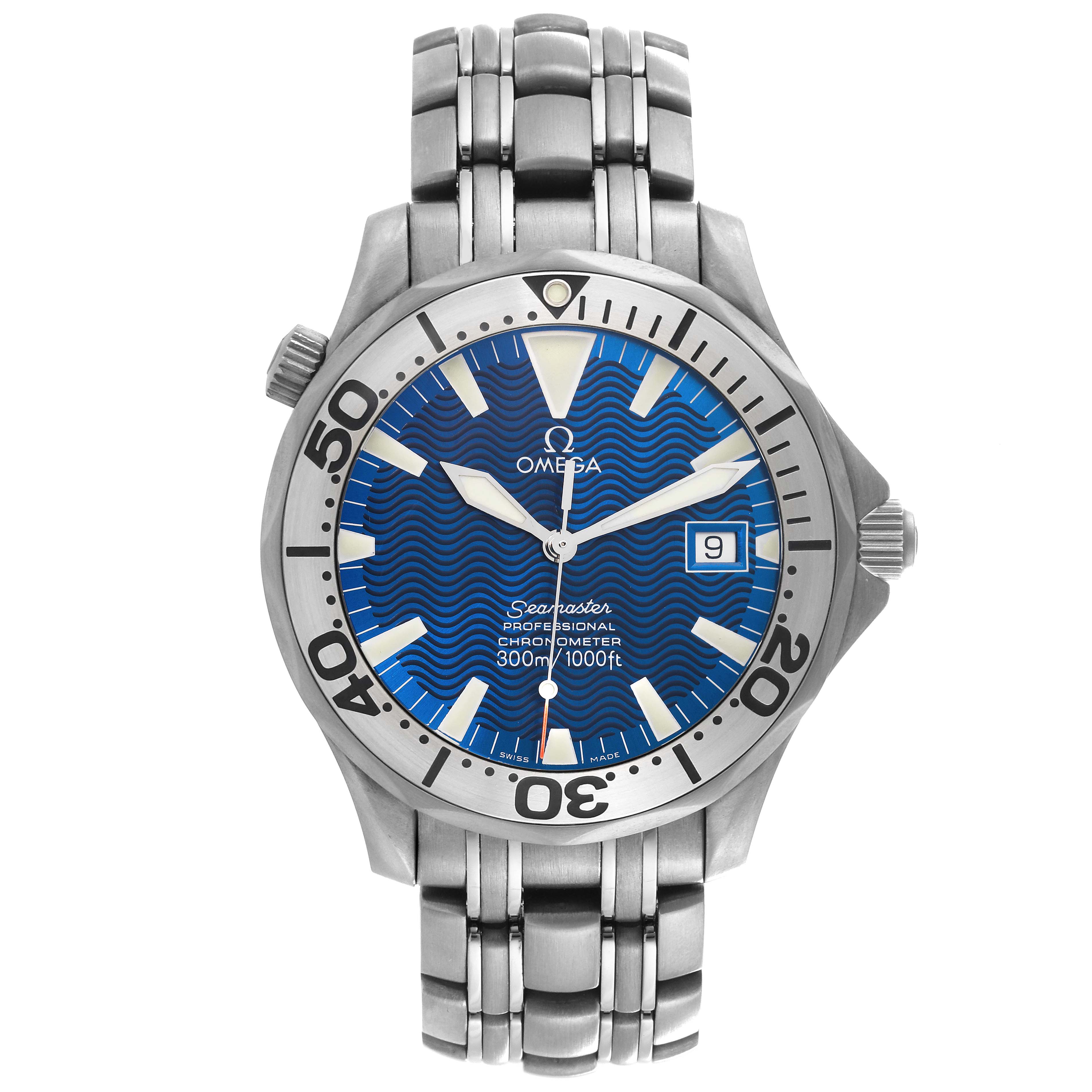 The Omega Seamaster 2231.80.00 Men's Titanium Blue Dial 2231.80.00 Men's Titanium Blue Dial watch is shown from a front angle, displaying the dial, bezel, and stainless steel bracelet.
