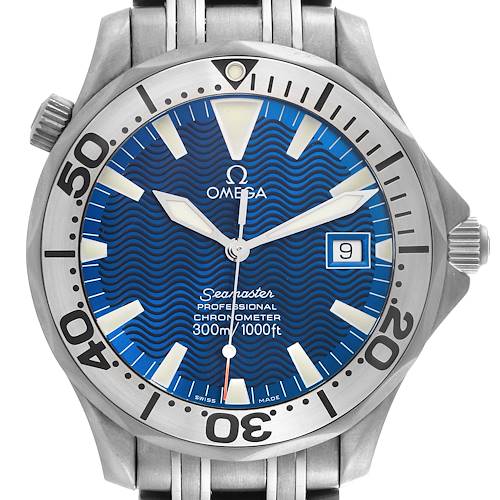 The Omega Seamaster watch is shown from the front, displaying the dial, bezel, hands, and bracelet.