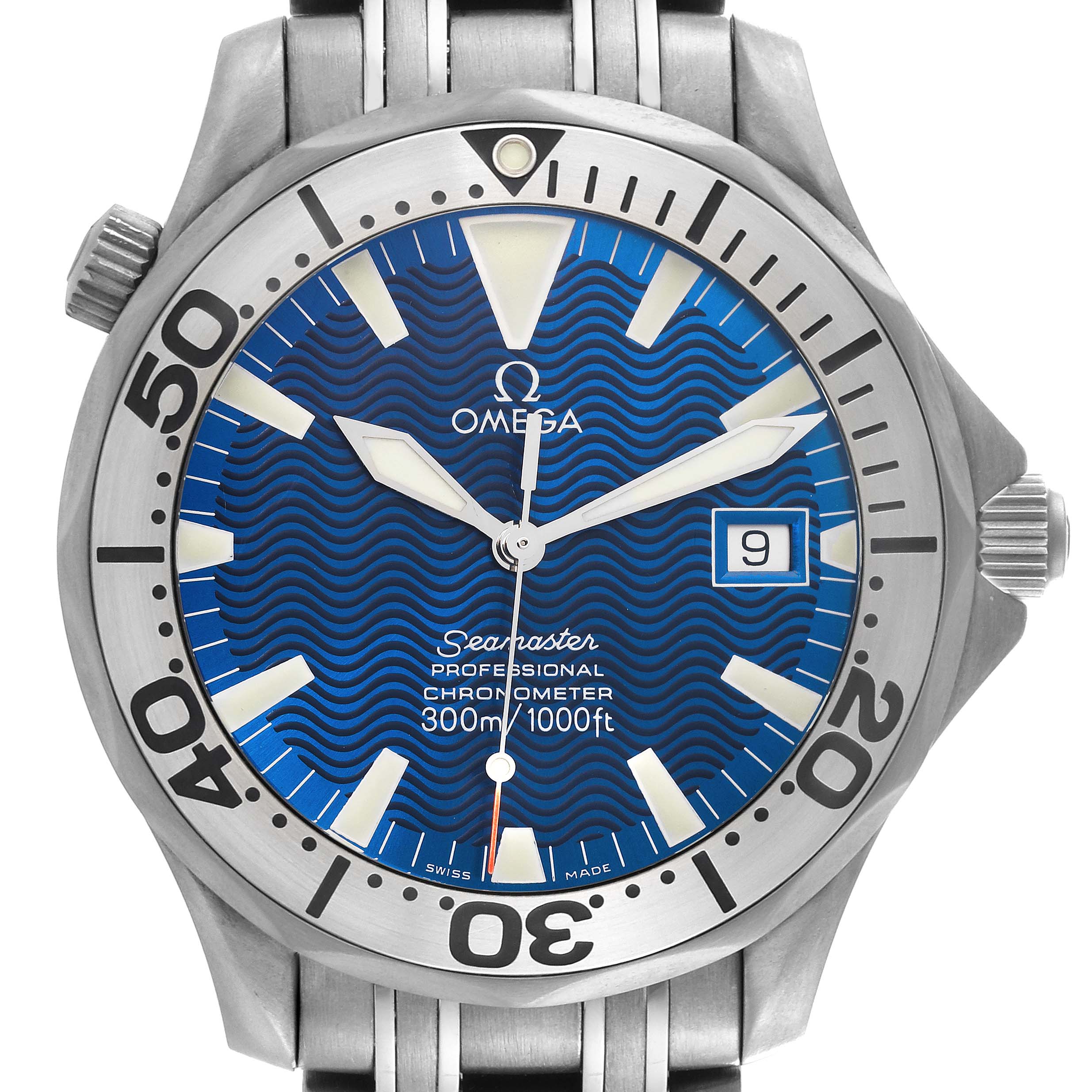 The Omega Seamaster 2231.80.00 Men's Titanium Blue Dial 2231.80.00 Men's Titanium Blue Dial watch is shown from the front, displaying the dial, bezel, hands, and bracelet.