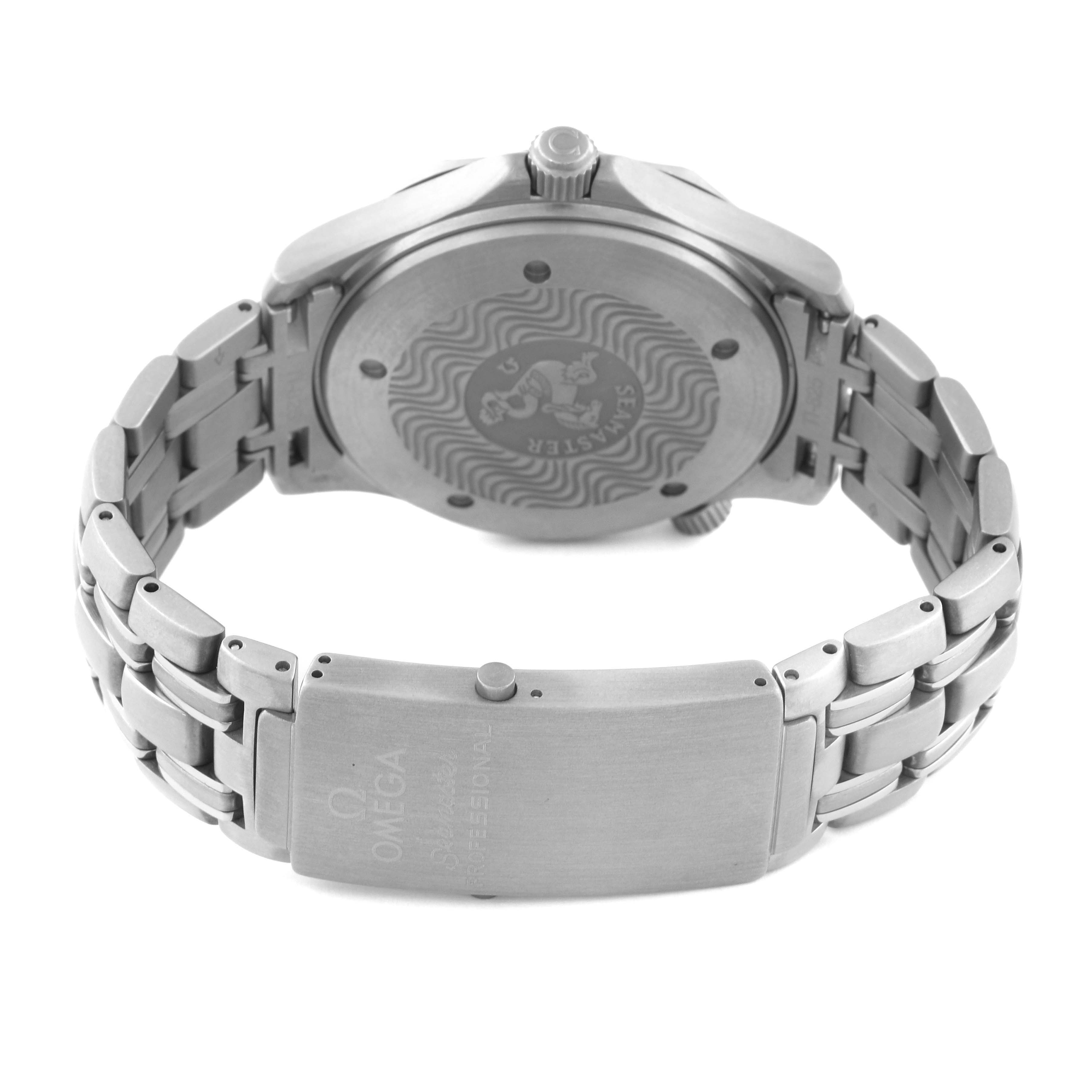 The image shows the back and clasp of an Omega Seamaster 2231.80.00 Men's Titanium Blue Dial 2231.80.00 Men's Titanium Blue Dial watch with a focus on the bracelet and case back.