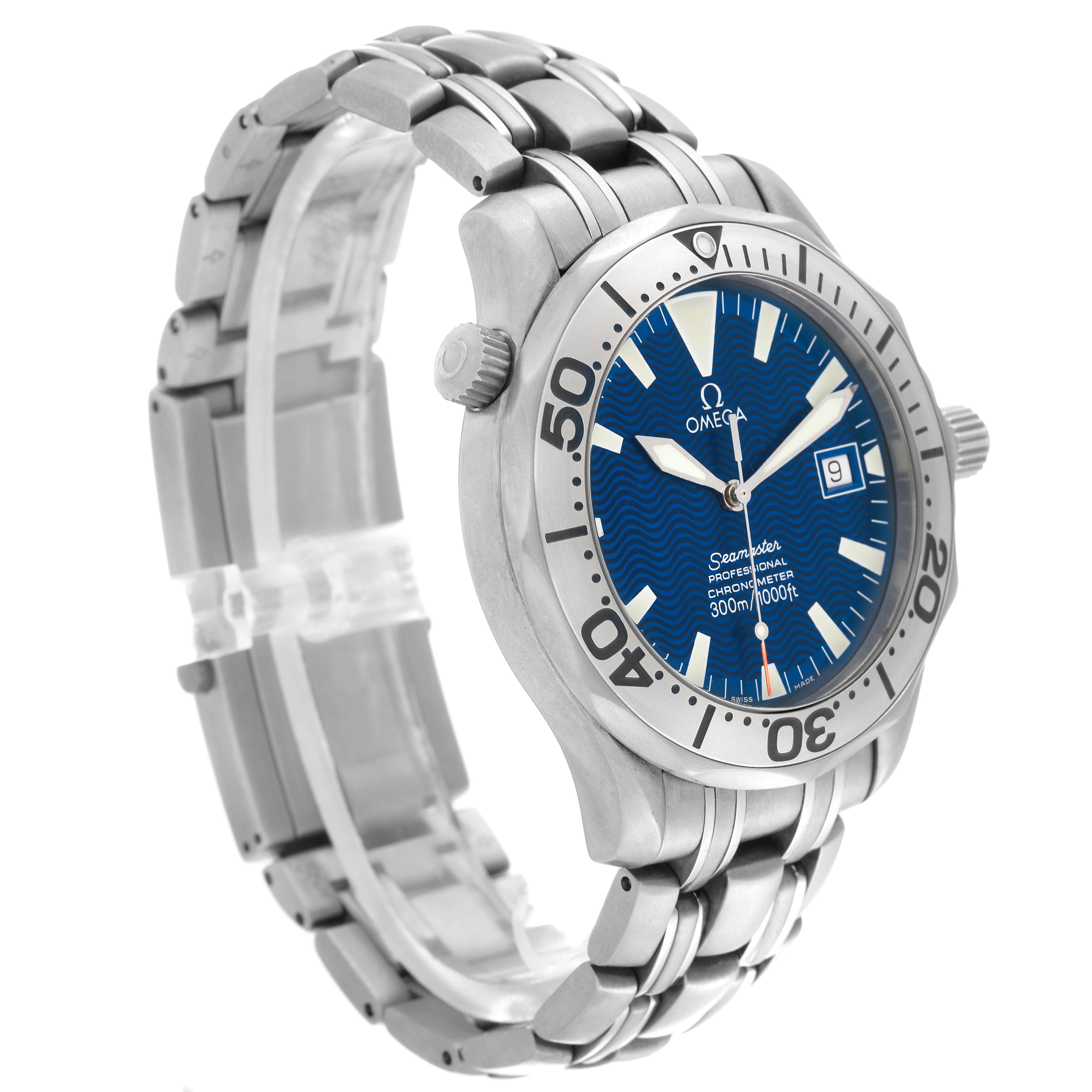 The Omega Seamaster 2231.80.00 Men's Titanium Blue Dial 2231.80.00 Men's Titanium Blue Dial watch is shown at a three-quarter angle, displaying the face, bezel, crown, and bracelet.