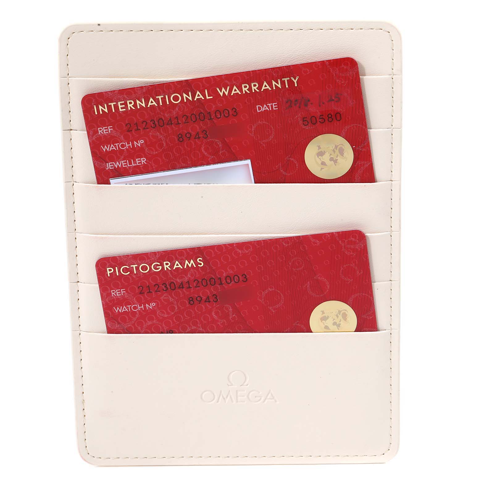 The image shows an Omega Seamaster 212.30.41.20.01.003 Men's Stainless Steel Black Dial 212.30.41.20.01.003 Men's Stainless Steel Black Dial watch's warranty and pictogram cards in a white leather cardholder.