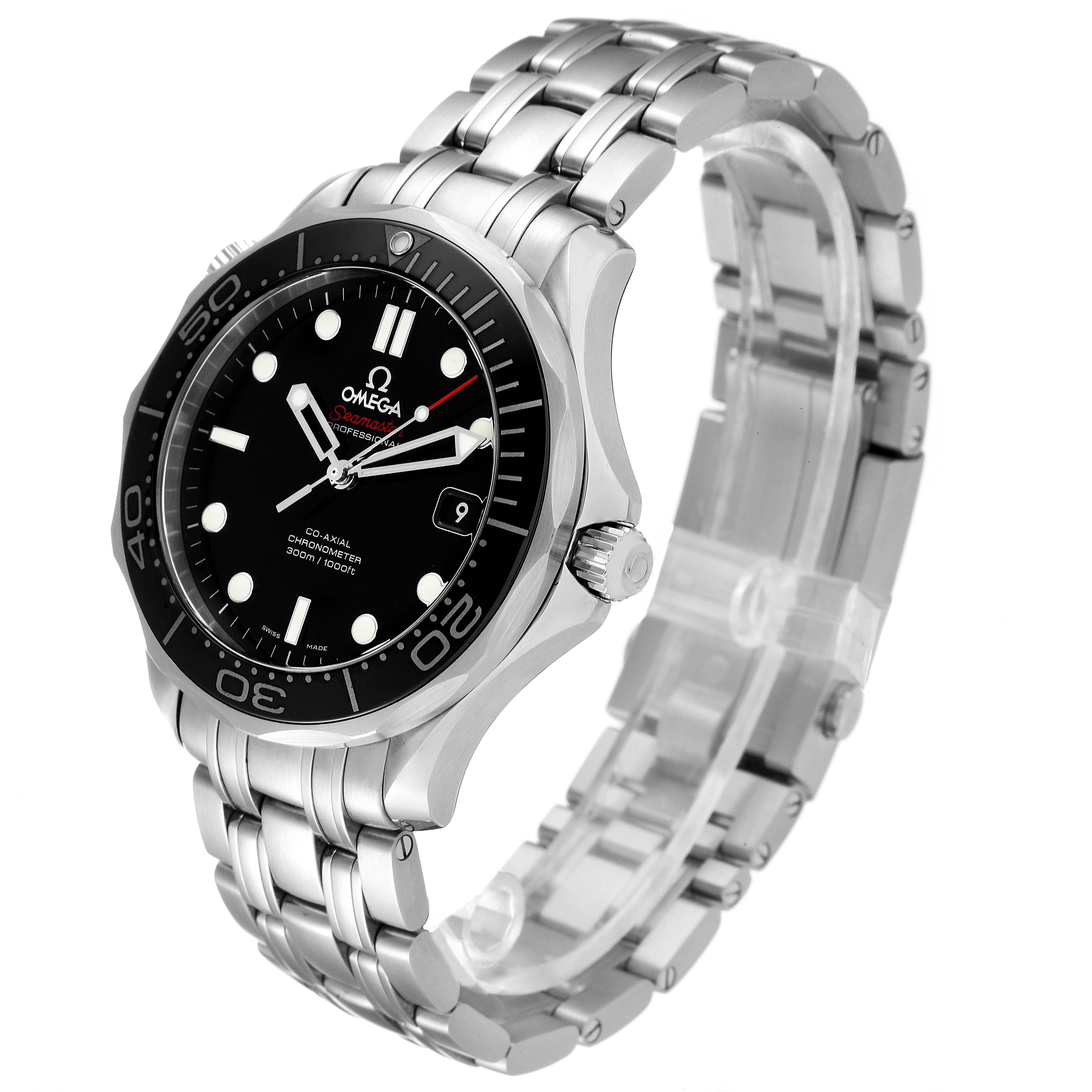The image shows an Omega Seamaster 212.30.41.20.01.003 Men's Stainless Steel Black Dial 212.30.41.20.01.003 Men's Stainless Steel Black Dial watch at a three-quarter angle, highlighting its dial, bezel, crown, and bracelet.