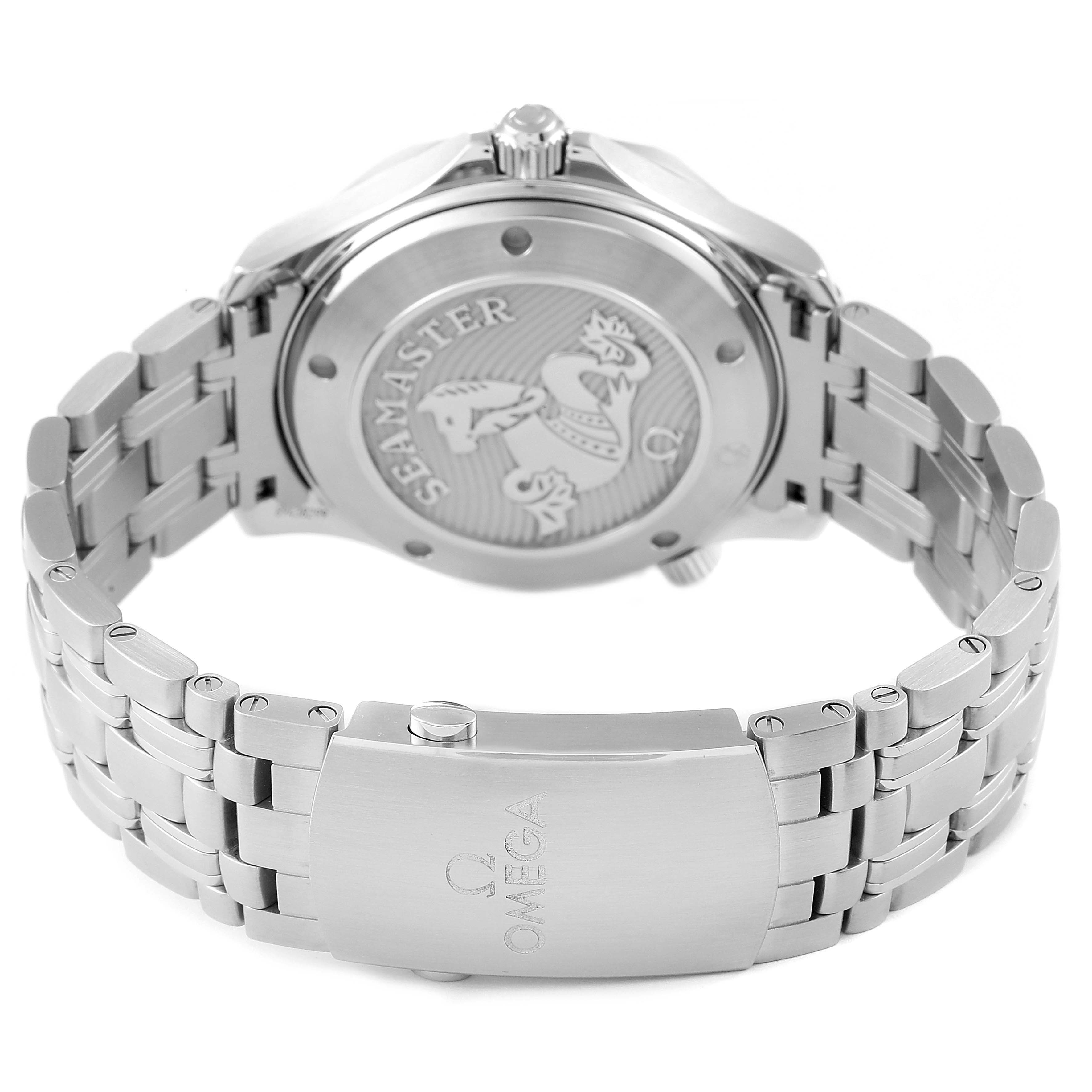 The image shows the back case and metal bracelet of an Omega Seamaster 212.30.41.20.01.003 Men's Stainless Steel Black Dial 212.30.41.20.01.003 Men's Stainless Steel Black Dial watch from a rear angle.