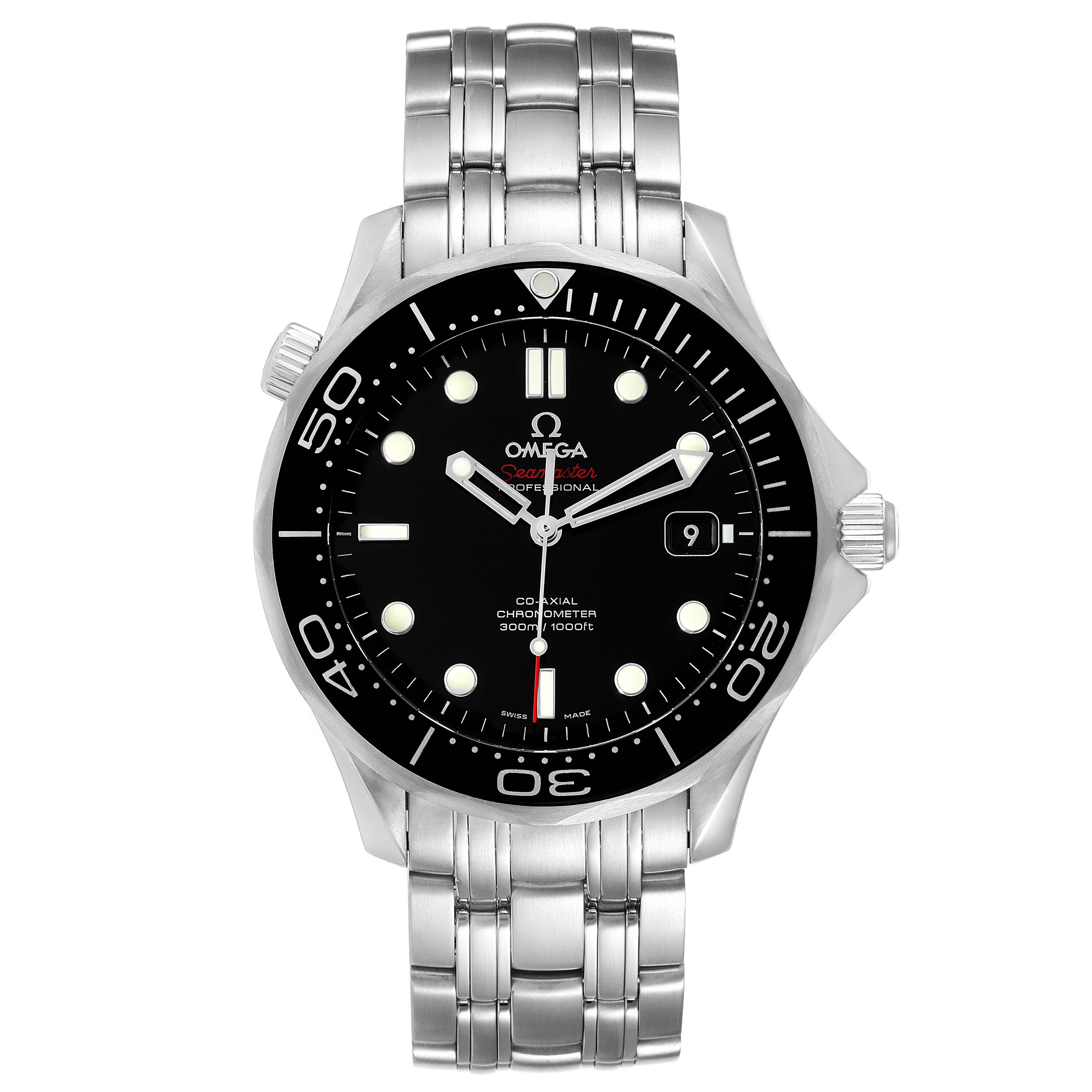 The image shows a front view of an Omega Seamaster 212.30.41.20.01.003 Men's Stainless Steel Black Dial 212.30.41.20.01.003 Men's Stainless Steel Black Dial watch, highlighting its black dial, bezel, hands, and stainless steel bracelet.