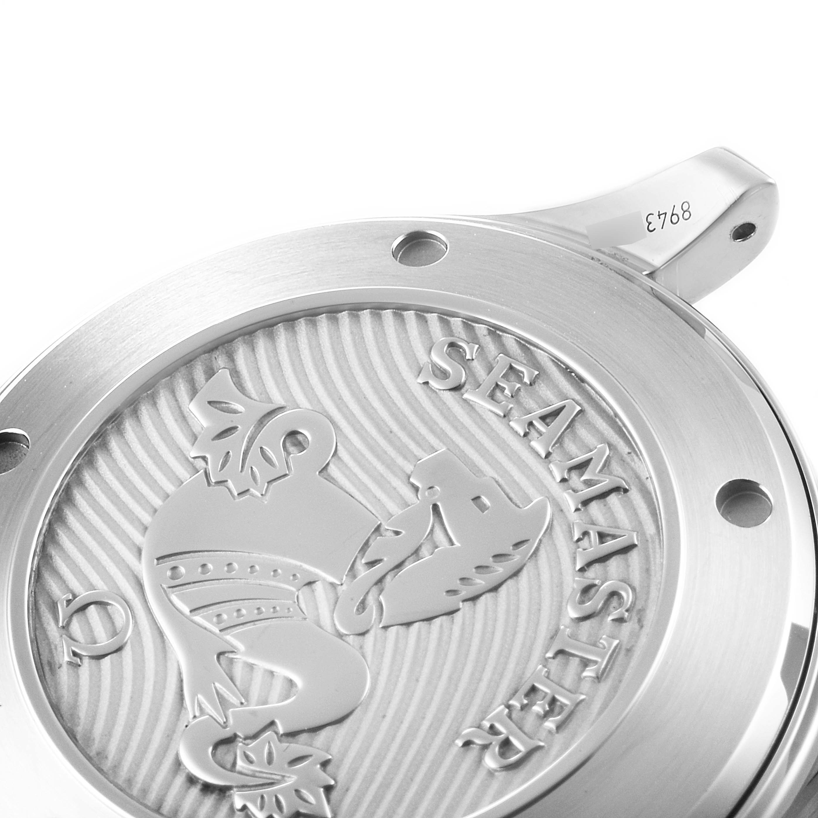 This image shows the case back of the Omega Seamaster 212.30.41.20.01.003 Men's Stainless Steel Black Dial 212.30.41.20.01.003 Men's Stainless Steel Black Dial watch, highlighting its engraved logo and model name.