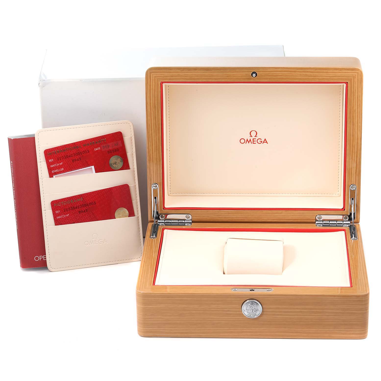 The image shows the open box for the Omega Seamaster 212.30.41.20.01.003 Men's Stainless Steel Black Dial 212.30.41.20.01.003 Men's Stainless Steel Black Dial watch with card holders and a manual displayed beside it.