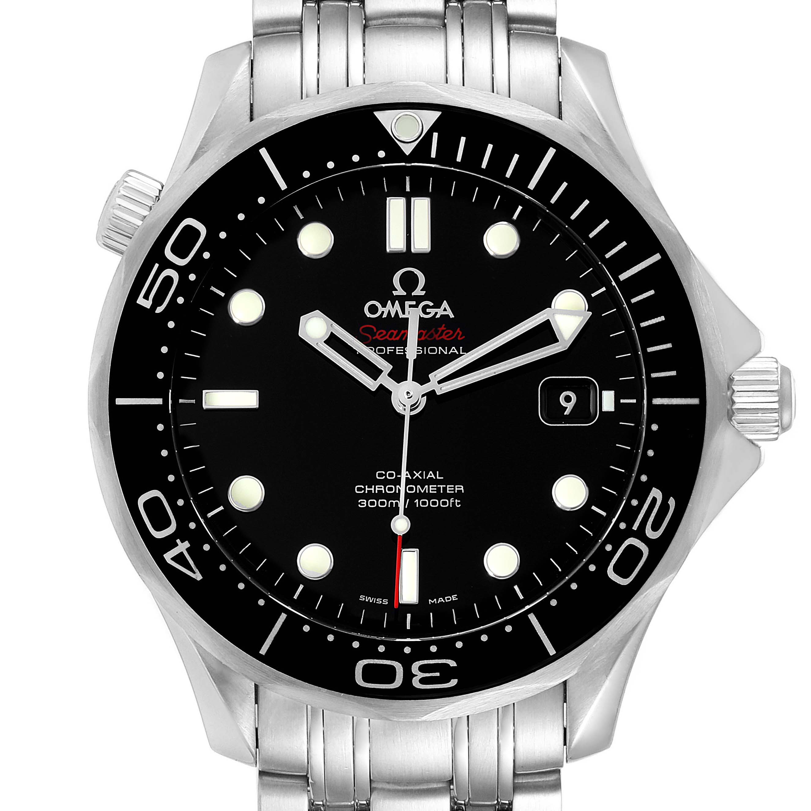 The image shows a front view of the Omega Seamaster 212.30.41.20.01.003 Men's Stainless Steel Black Dial 212.30.41.20.01.003 Men's Stainless Steel Black Dial watch, highlighting the face, bezel, and part of the bracelet.