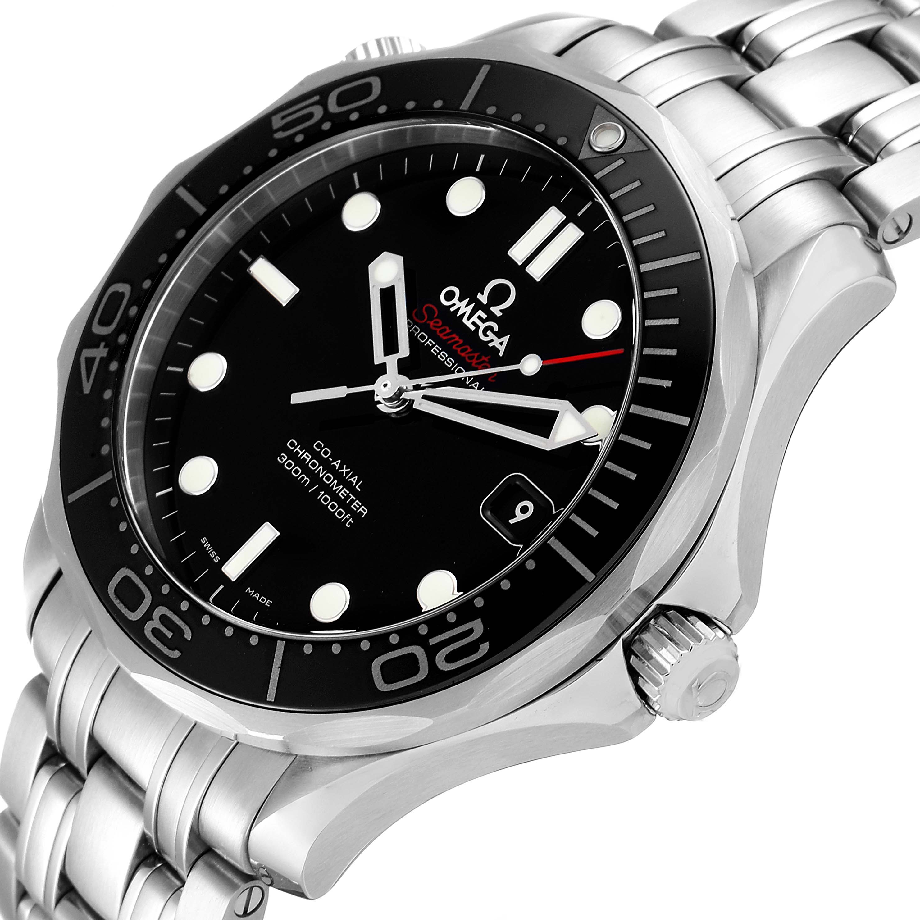 The image shows a close-up of an Omega Seamaster 212.30.41.20.01.003 Men's Stainless Steel Black Dial 212.30.41.20.01.003 Men's Stainless Steel Black Dial watch, highlighting its black dial, bezel, bracelet, crown, and date window.