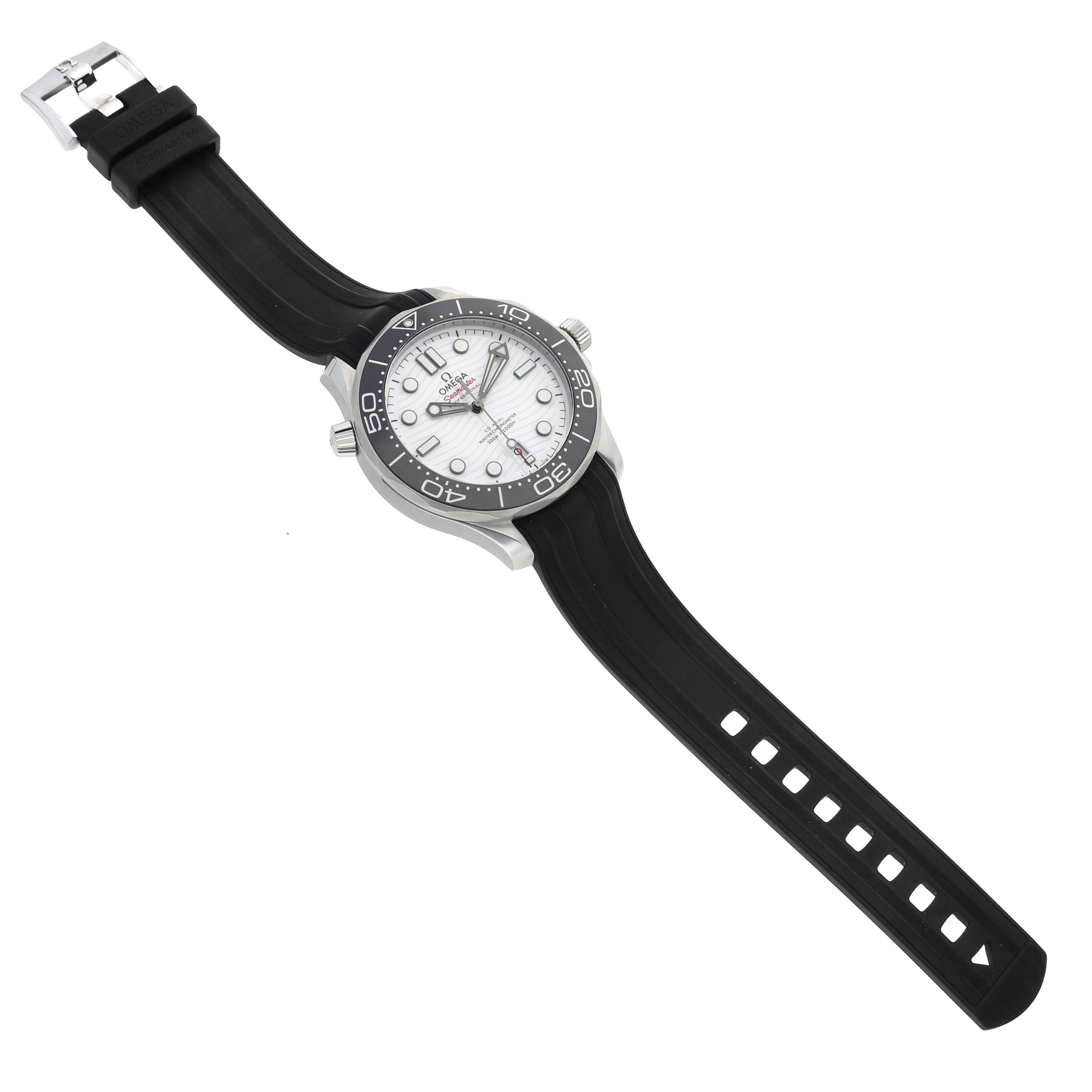 The Omega Seamaster 210.30.42.20.04.001 Men
s Stainless Steel White Dial 210.30.42.20.04.001 Men
s Stainless Steel White Dial watch is shown from a top angle, displaying the face, black bezel, and black rubber strap.