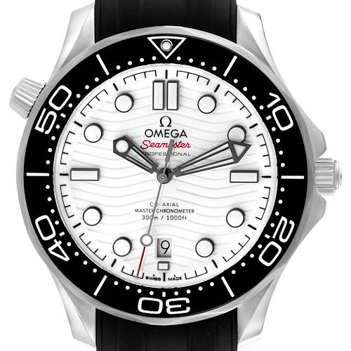 The Omega Seamaster watch is shown from a front angle, highlighting the dial, bezel, and crown.