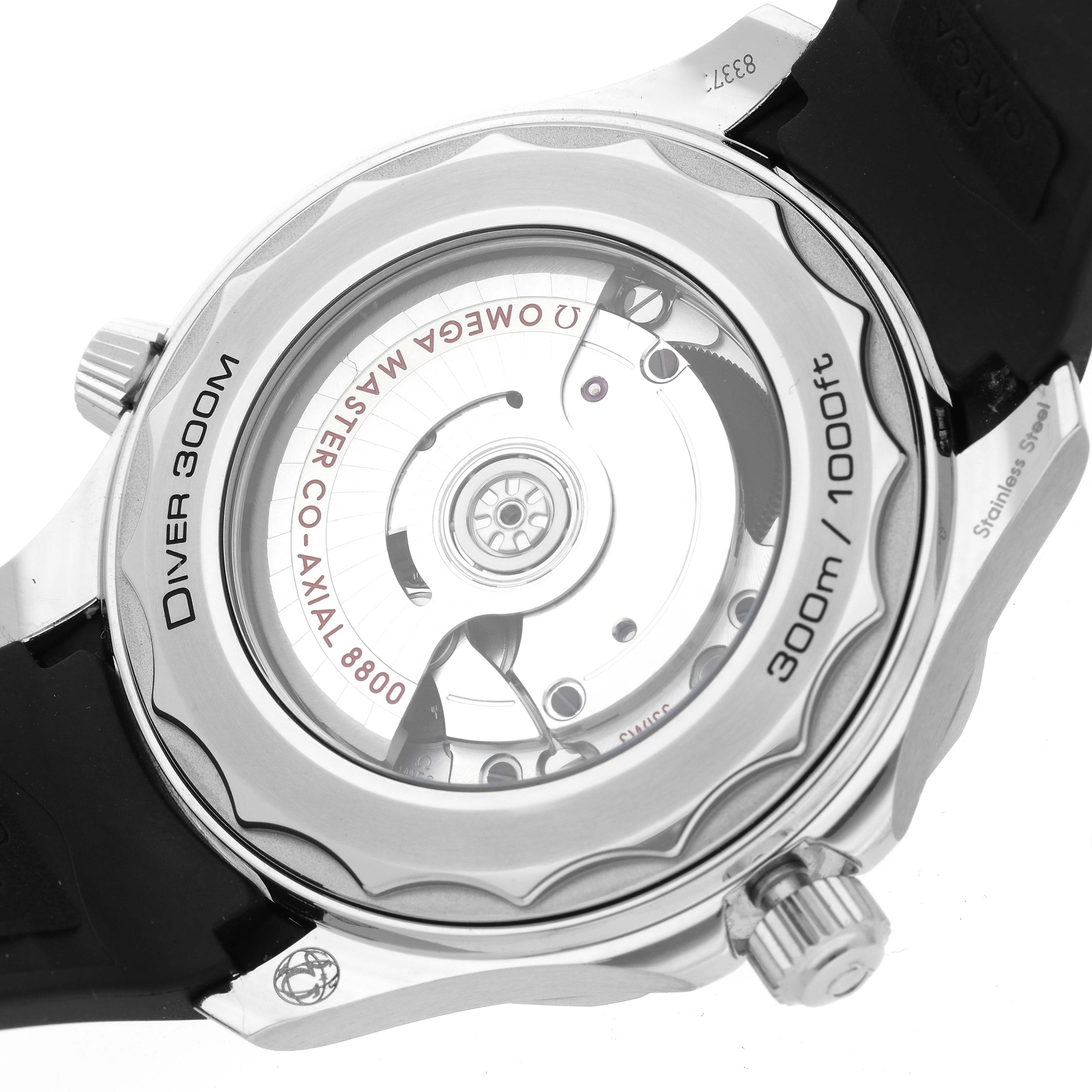 The Omega Seamaster 210.30.42.20.04.001 Men
s Stainless Steel White Dial 210.30.42.20.04.001 Men
s Stainless Steel White Dial is shown from the back, highlighting the movement and case details.