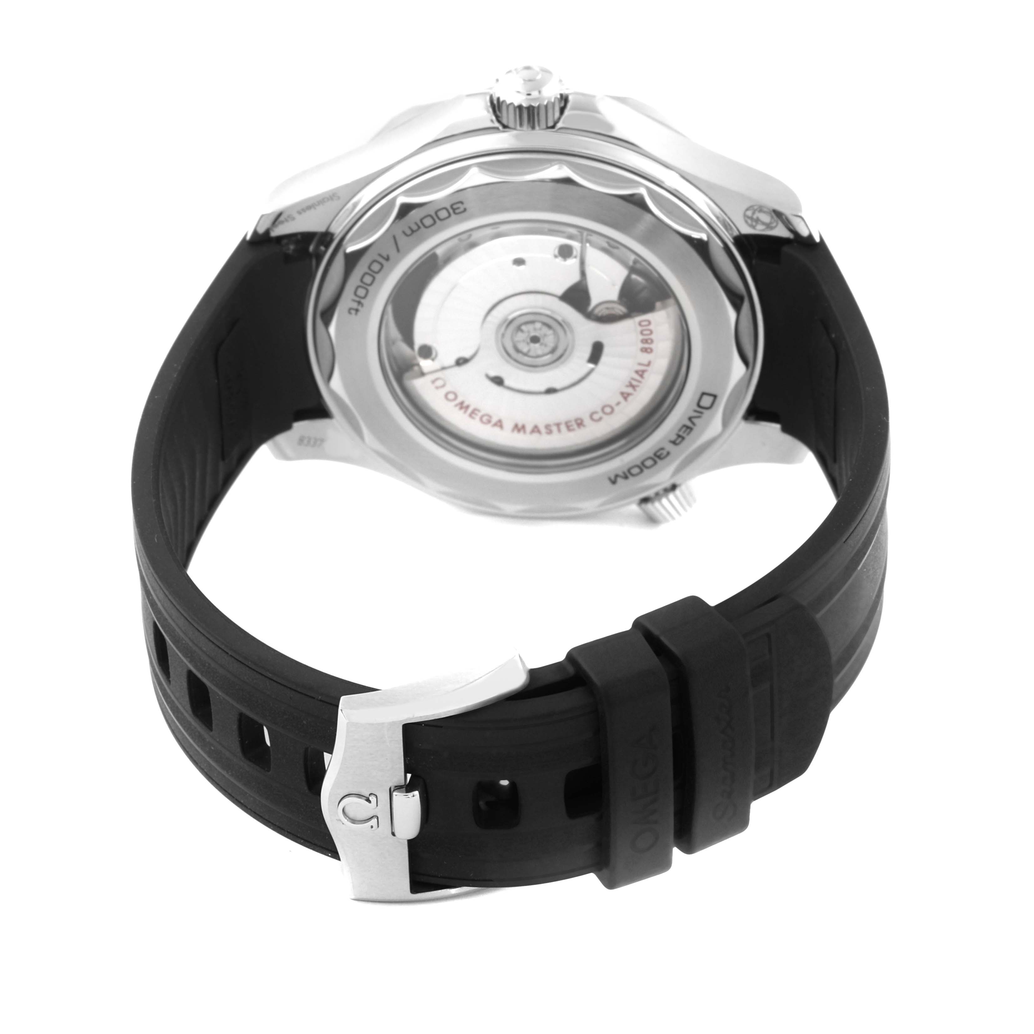 The image shows the Omega Seamaster 210.30.42.20.04.001 Men
s Stainless Steel White Dial 210.30.42.20.04.001 Men
s Stainless Steel White Dial
s back, displaying the movement and rubber strap with buckle from a rear angle.