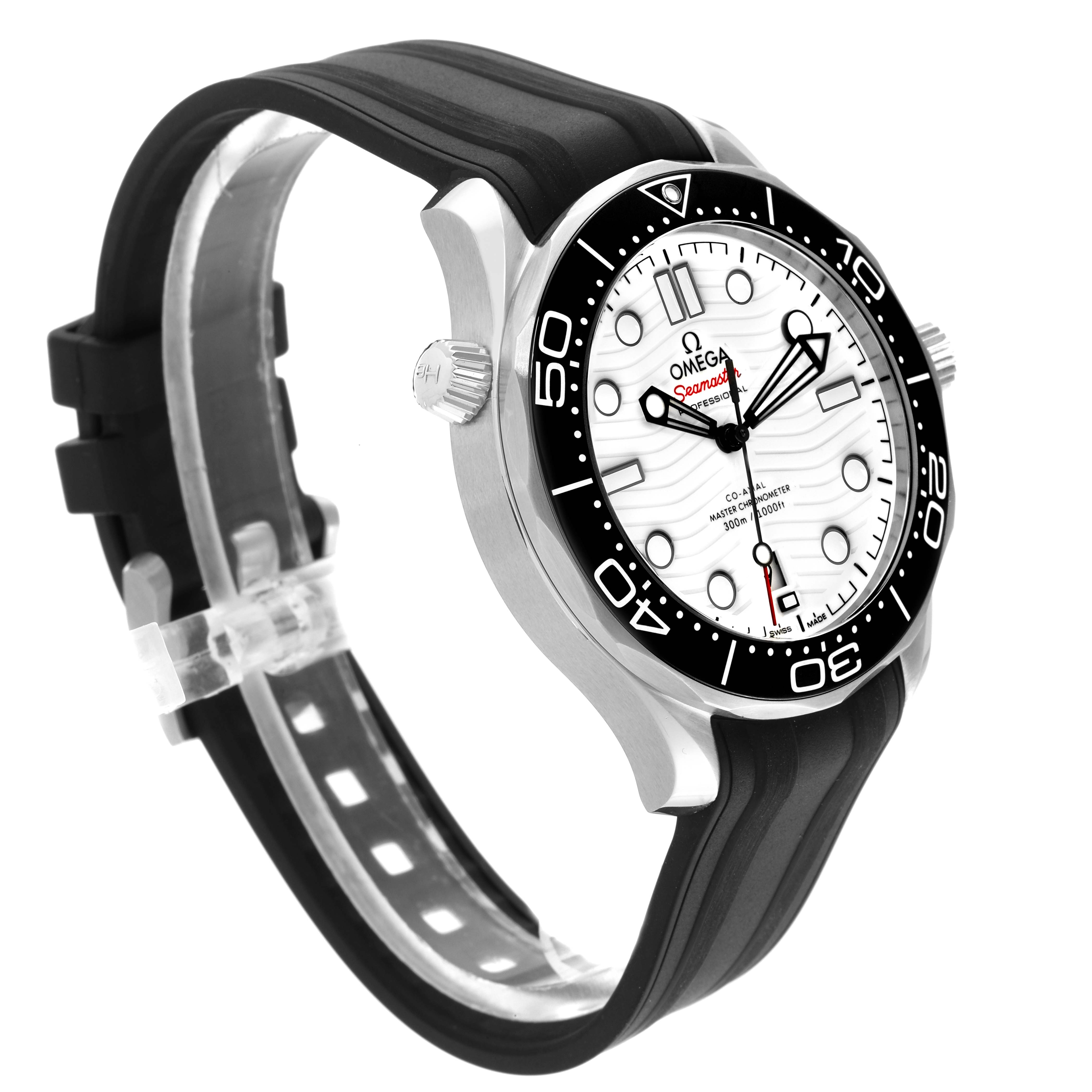 The Omega Seamaster 210.30.42.20.04.001 Men
s Stainless Steel White Dial 210.30.42.20.04.001 Men
s Stainless Steel White Dial watch is shown at a three-quarter angle, highlighting its face, bezel, and rubber strap.