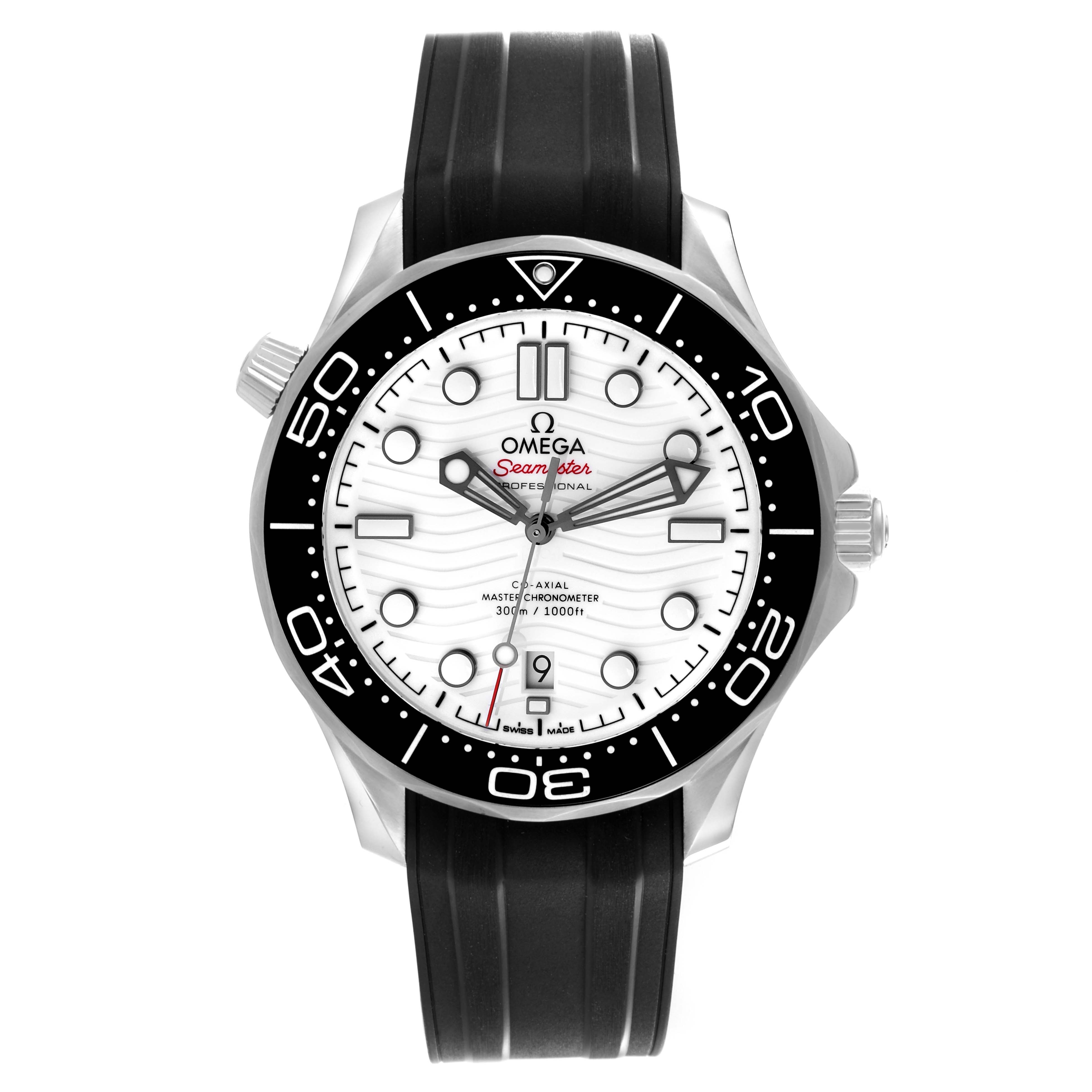 The Omega Seamaster 210.30.42.20.04.001 Men
s Stainless Steel White Dial 210.30.42.20.04.001 Men
s Stainless Steel White Dial watch is shown from a front angle, displaying its face, bezel, and rubber strap.