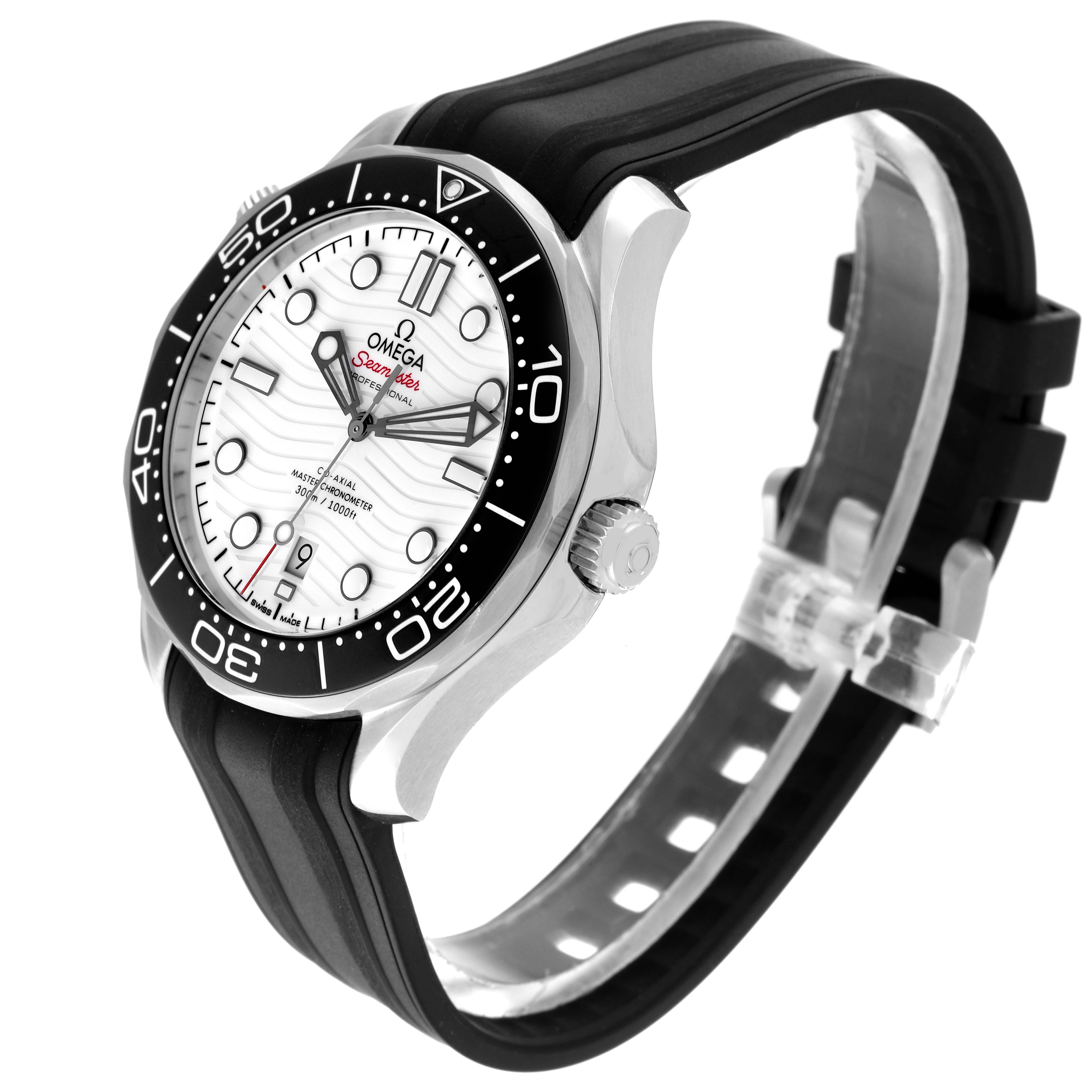 The image shows an angled view of the Omega Seamaster 210.30.42.20.04.001 Men
s Stainless Steel White Dial 210.30.42.20.04.001 Men
s Stainless Steel White Dial watch, highlighting the face, bezel, and black strap.