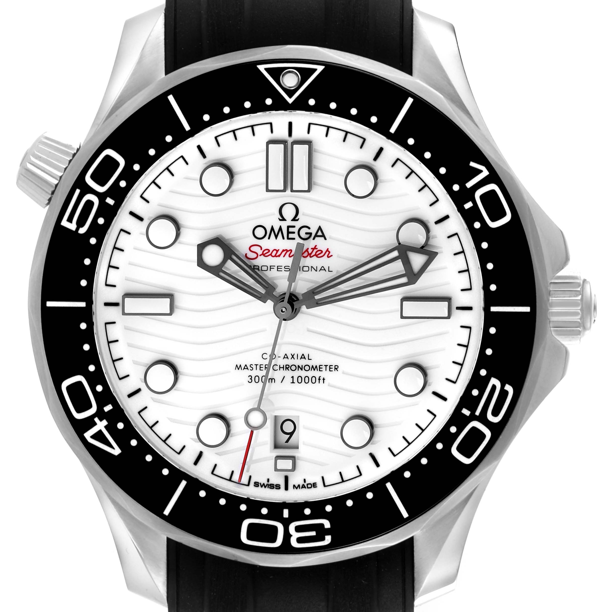 The Omega Seamaster 210.30.42.20.04.001 Men
s Stainless Steel White Dial 210.30.42.20.04.001 Men
s Stainless Steel White Dial is shown from the front, highlighting the dial, bezel, and crown.