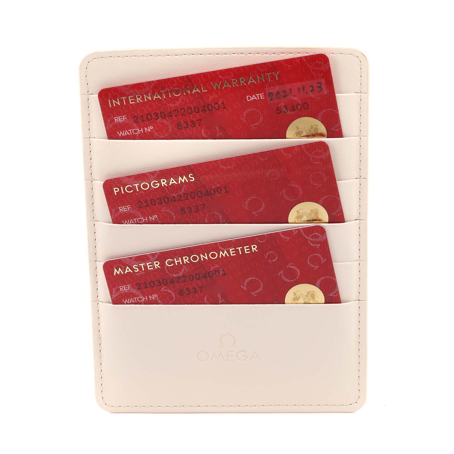 The image shows warranty, pictogram, and chronometer cards for the Omega Seamaster 210.30.42.20.04.001 Men
s Stainless Steel White Dial 210.30.42.20.04.001 Men
s Stainless Steel White Dial watch.