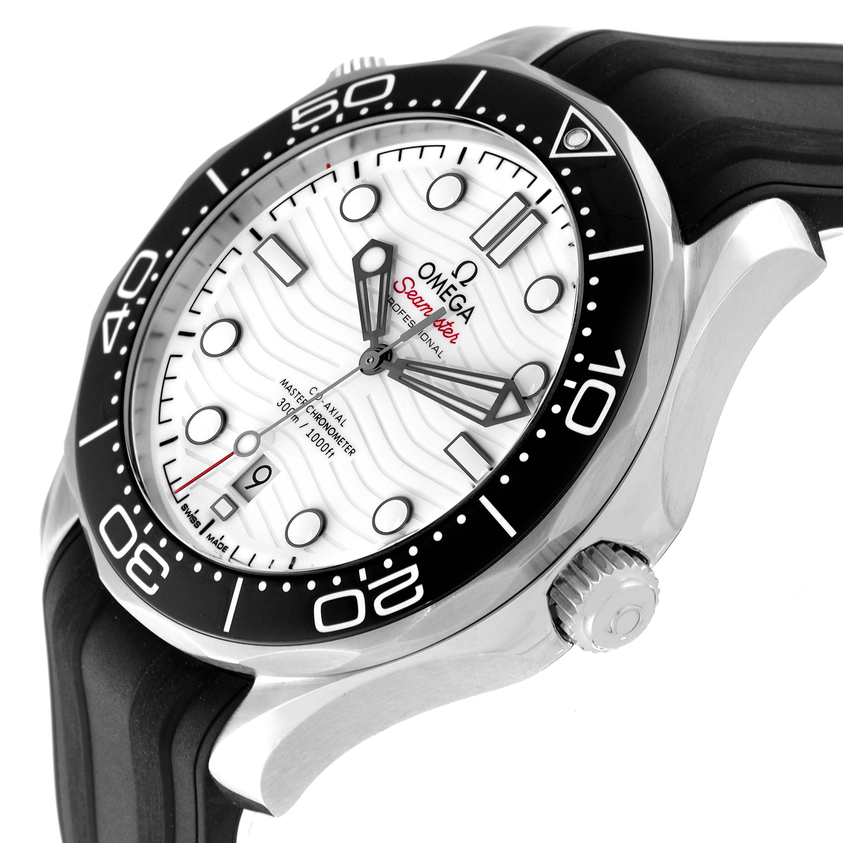 The Omega Seamaster 210.30.42.20.04.001 Men
s Stainless Steel White Dial 210.30.42.20.04.001 Men
s Stainless Steel White Dial watch is shown from a three-quarter angle highlighting the dial, bezel, and crown.