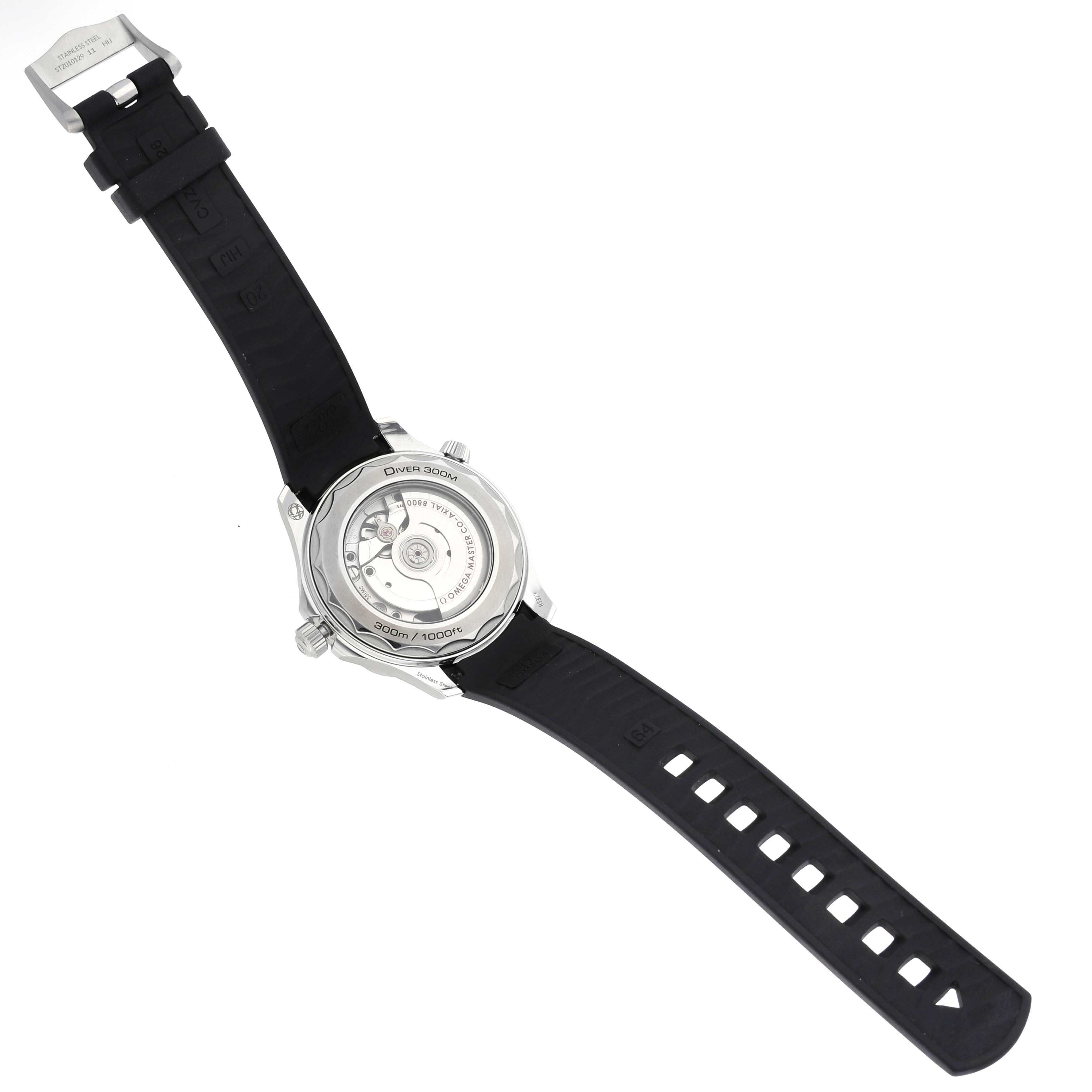 The Omega Seamaster 210.30.42.20.04.001 Men
s Stainless Steel White Dial 210.30.42.20.04.001 Men
s Stainless Steel White Dial watch is shown from the back, displaying the transparent case back and black rubber strap.