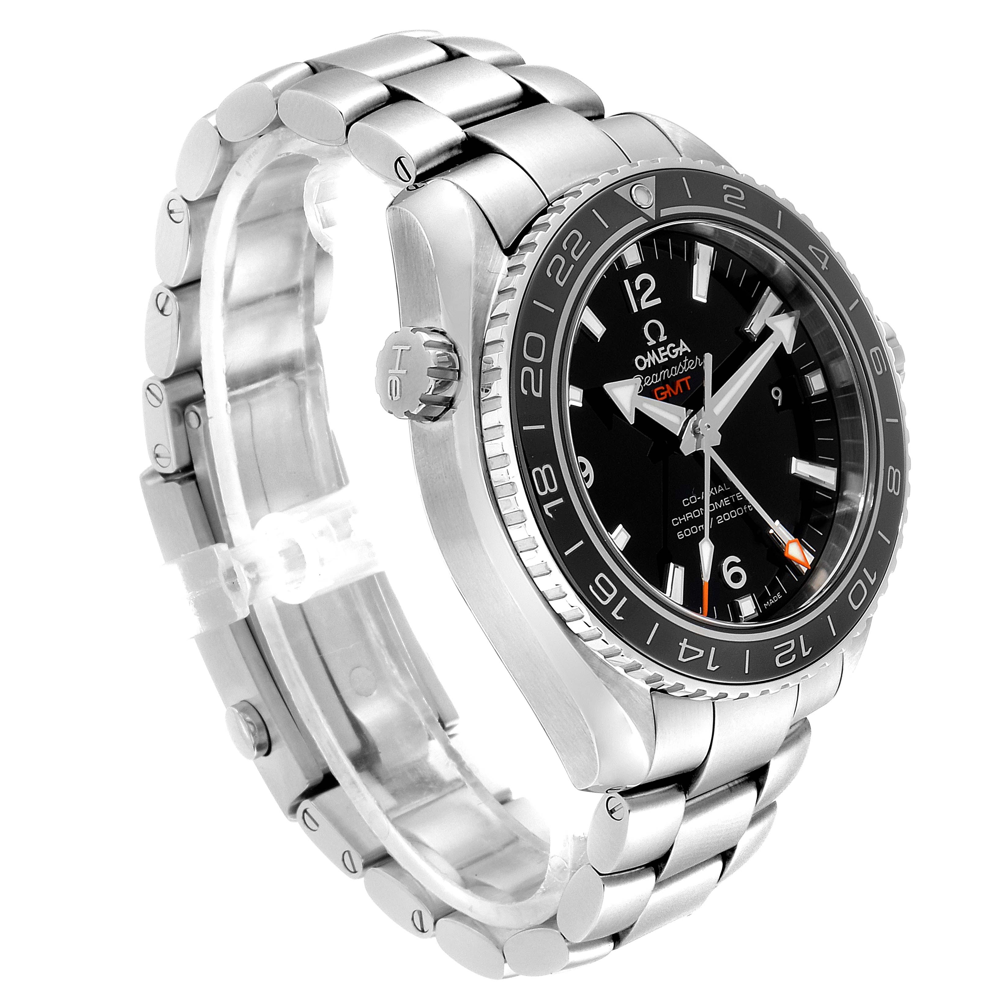 The image shows an angled view of an Omega Planet Ocean 232.30.44.22.01.001 Men
s Stainless Steel Black Dial 232.30.44.22.01.001 Men
s Stainless Steel Black Dial watch, displaying the face, bezel, crown, and part of the bracelet.