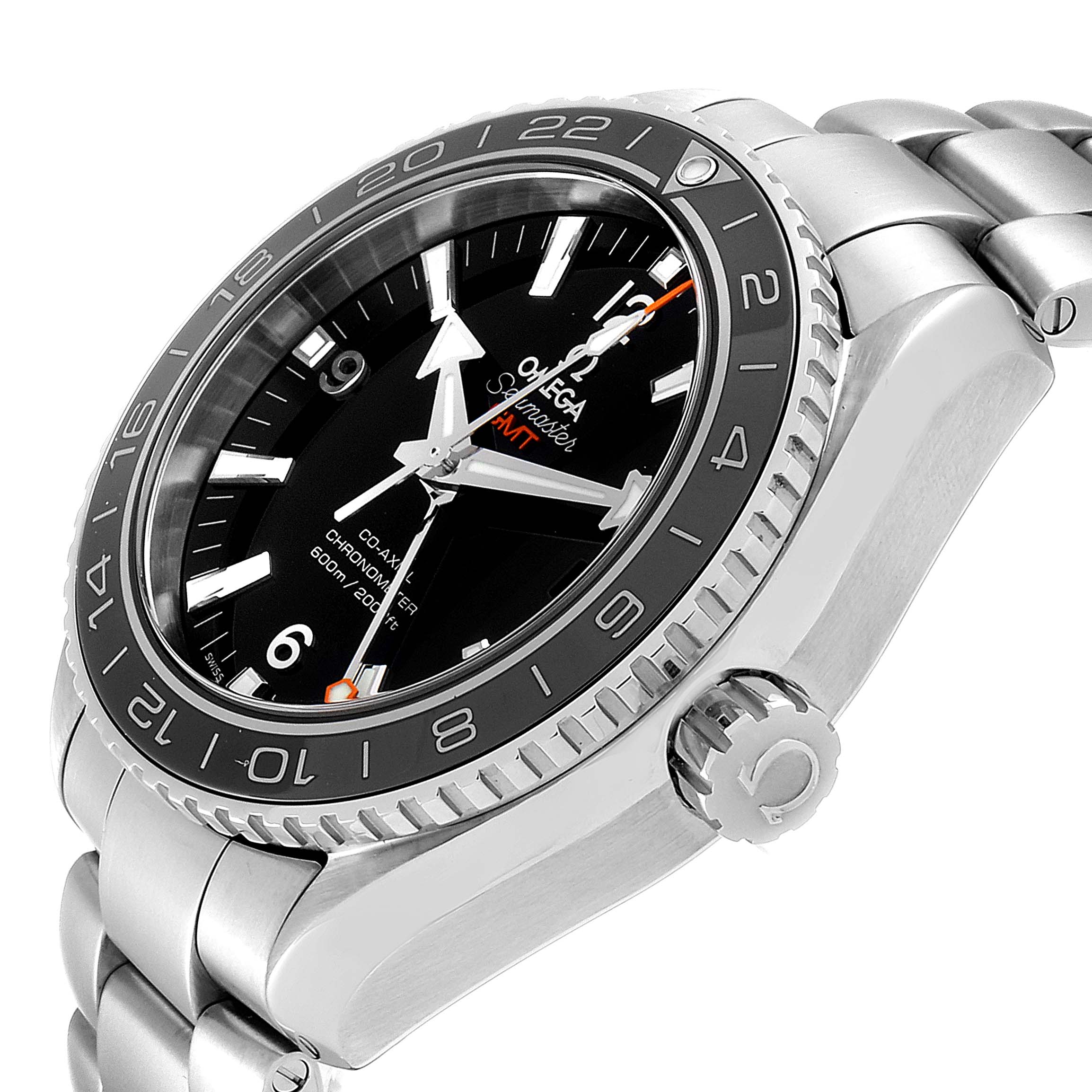 This image shows a side view of the Omega Planet Ocean 232.30.44.22.01.001 Men
s Stainless Steel Black Dial 232.30.44.22.01.001 Men
s Stainless Steel Black Dial watch, displaying its face, bezel, crown, and part of the bracelet.