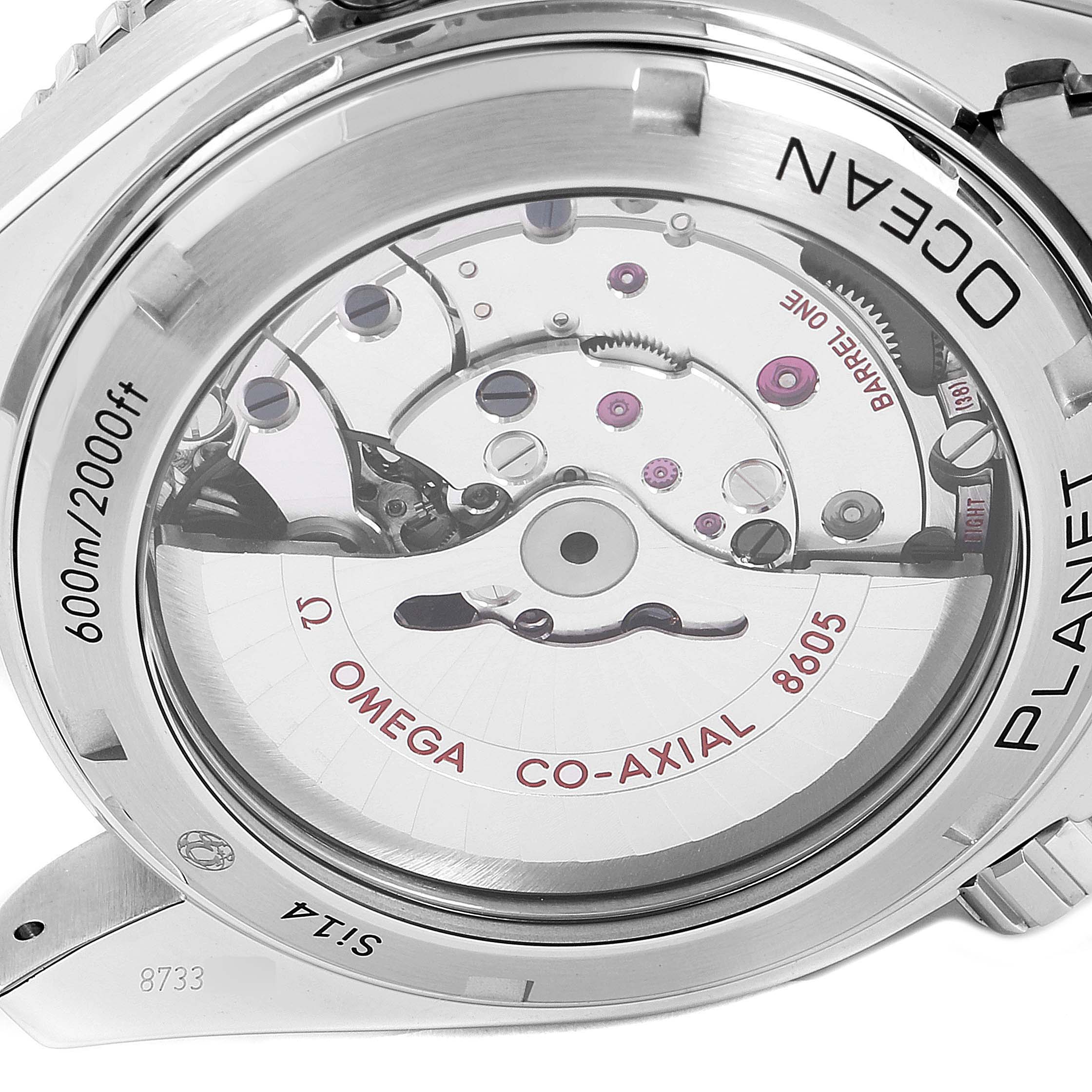 The image shows the case back of the Omega Planet Ocean 232.30.44.22.01.001 Men
s Stainless Steel Black Dial 232.30.44.22.01.001 Men
s Stainless Steel Black Dial watch, revealing the Co-Axial 8605 movement.