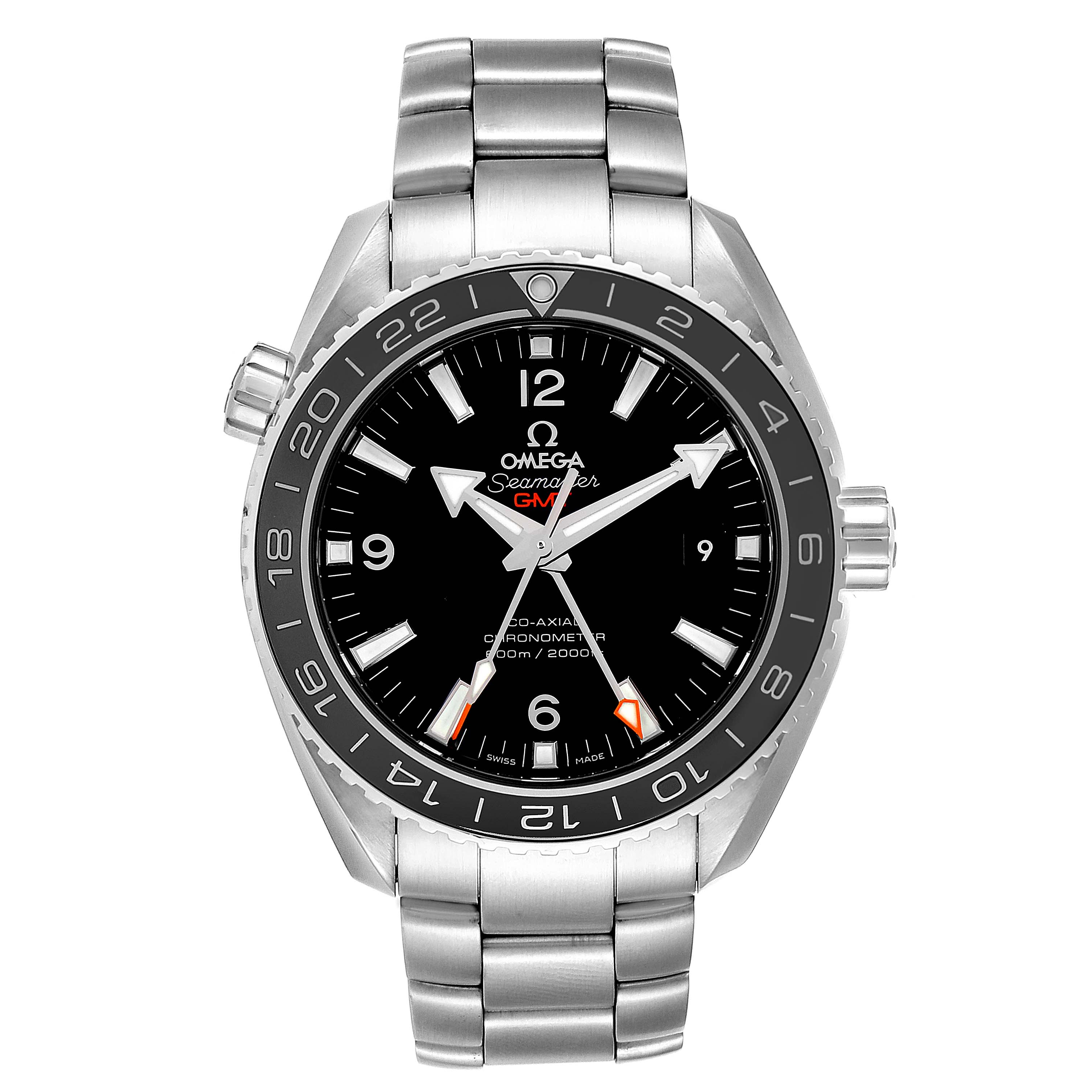The image shows a front view of the Omega Planet Ocean 232.30.44.22.01.001 Men
s Stainless Steel Black Dial 232.30.44.22.01.001 Men
s Stainless Steel Black Dial watch, highlighting its face, bezel, hands, and stainless steel bracelet.