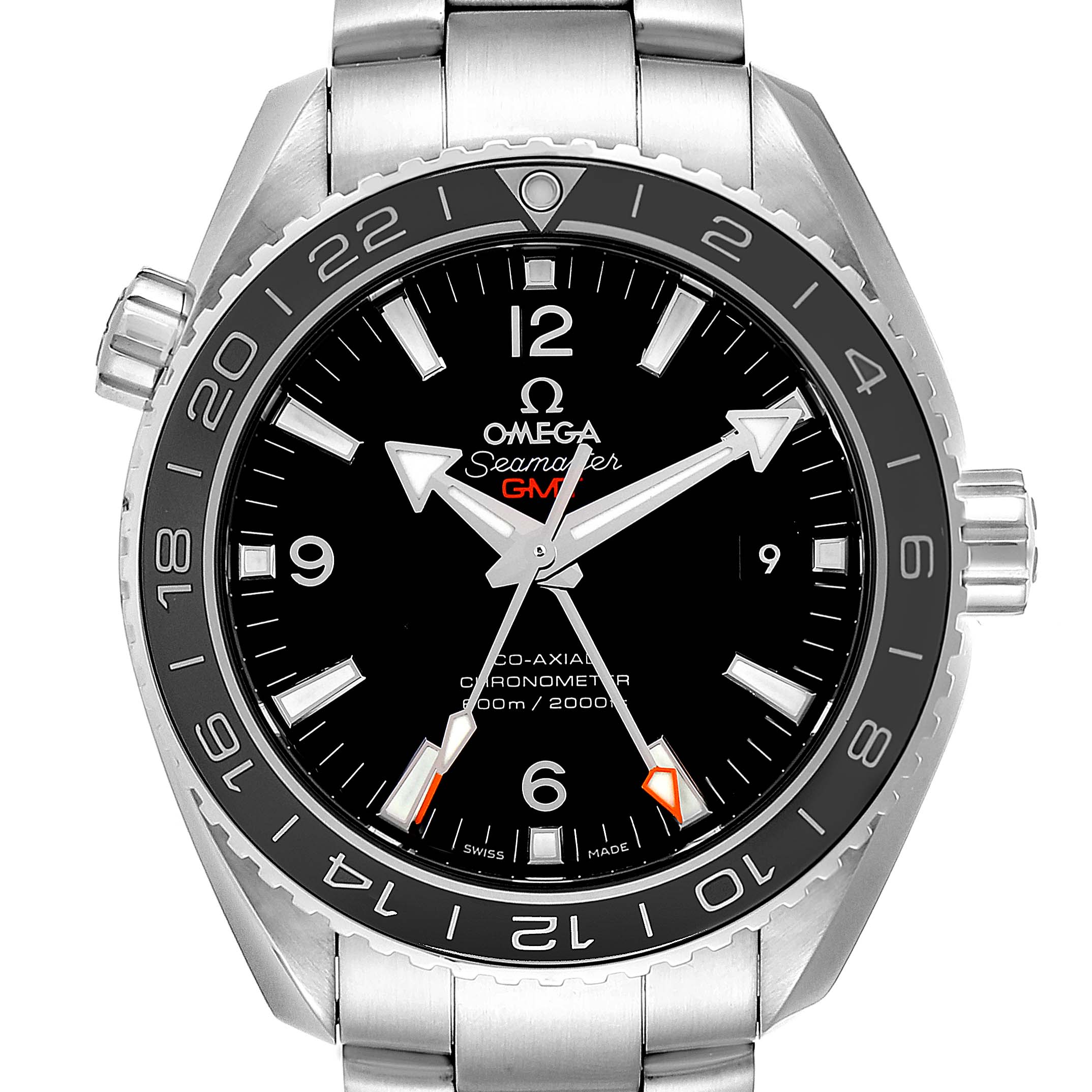 The image shows a front view of the Omega Planet Ocean 232.30.44.22.01.001 Men
s Stainless Steel Black Dial 232.30.44.22.01.001 Men
s Stainless Steel Black Dial Seamaster watch, highlighting its face, bezel, and part of the bracelet.