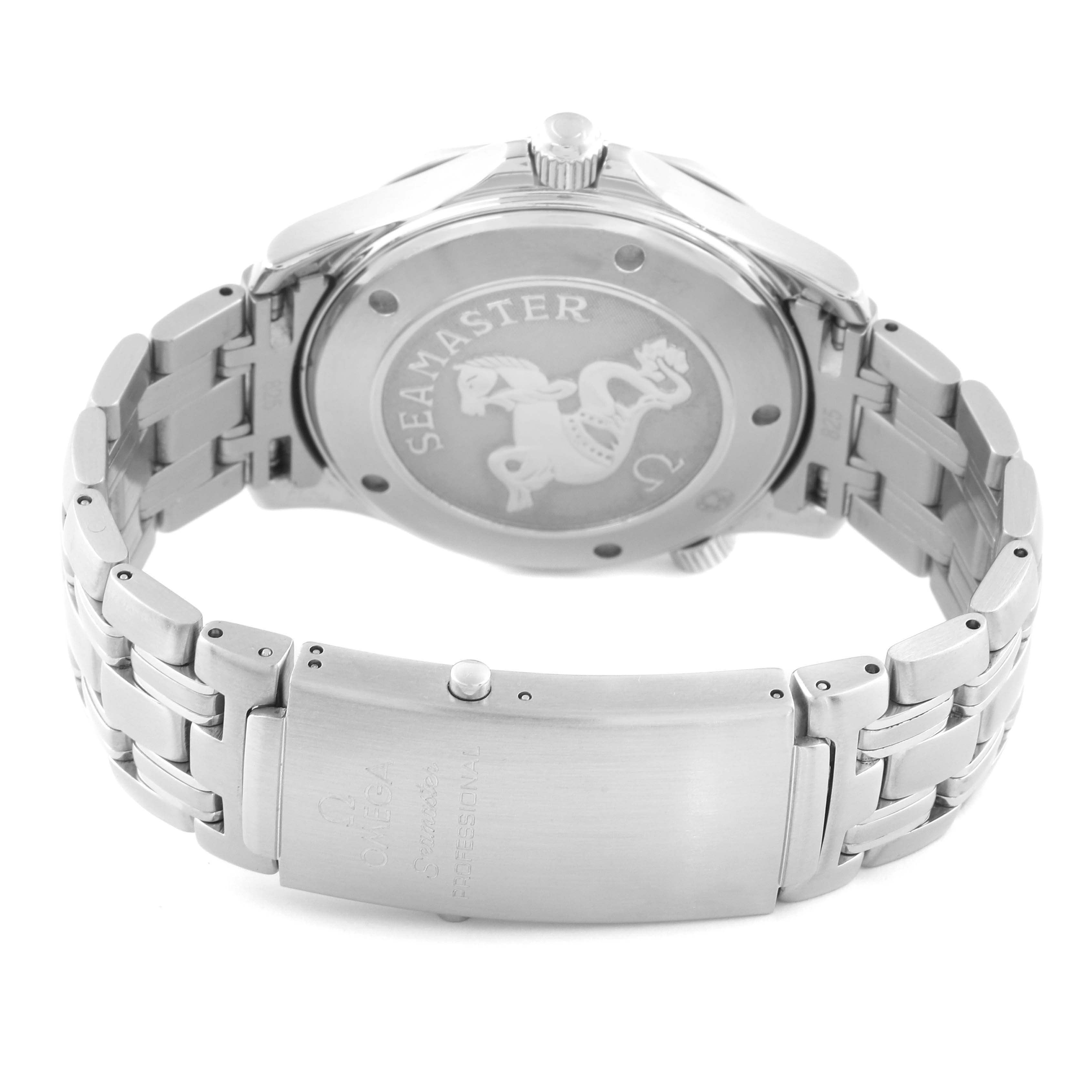 The image shows the back and clasp of the Omega Seamaster 212.30.41.61.01.001 Men
s Stainless Steel Black Dial 212.30.41.61.01.001 Men
s Stainless Steel Black Dial watch, highlighting the bracelet and case back engraving.