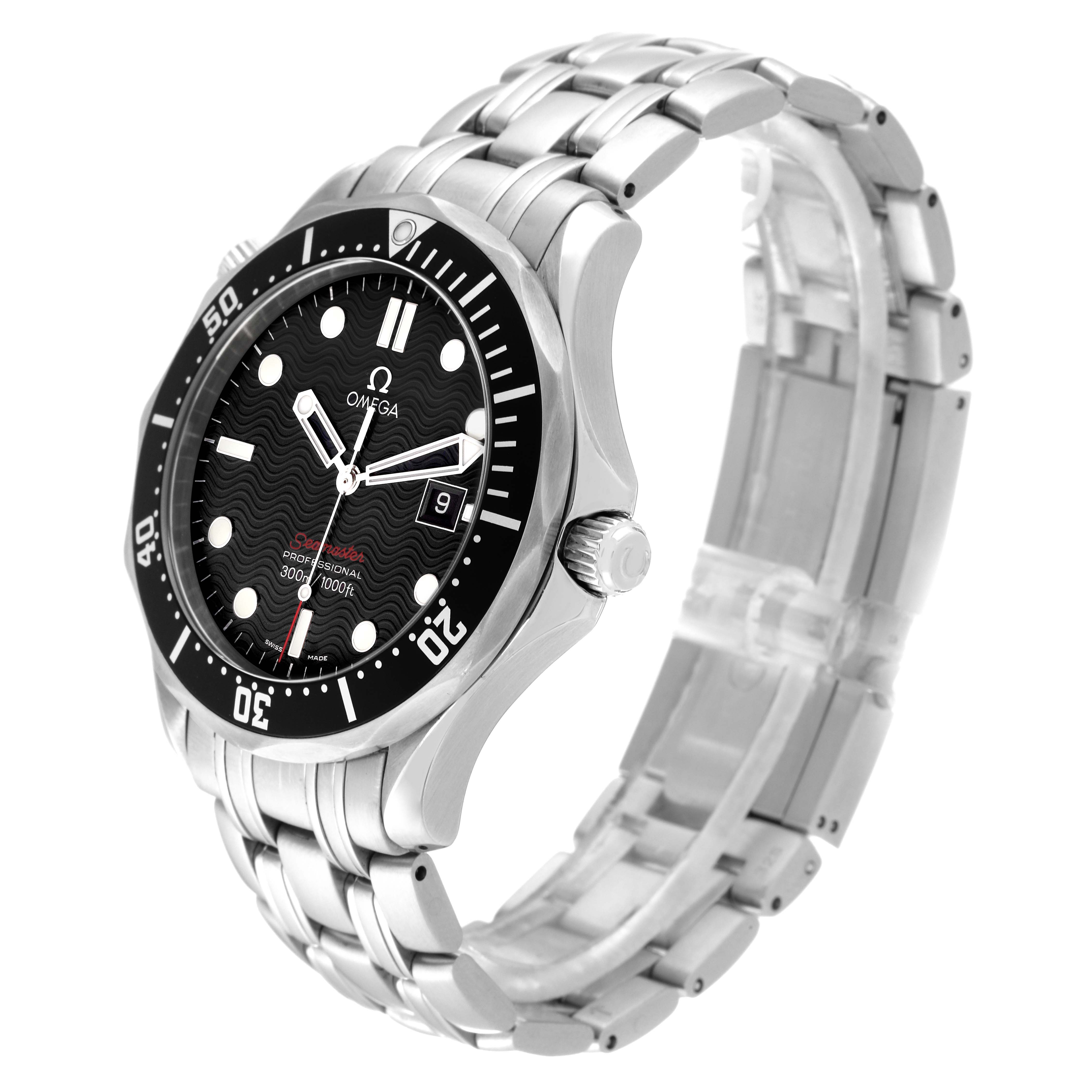 The Omega Seamaster 212.30.41.61.01.001 Men
s Stainless Steel Black Dial 212.30.41.61.01.001 Men
s Stainless Steel Black Dial watch is shown at a slight angle, displaying its face, bezel, and metal bracelet.