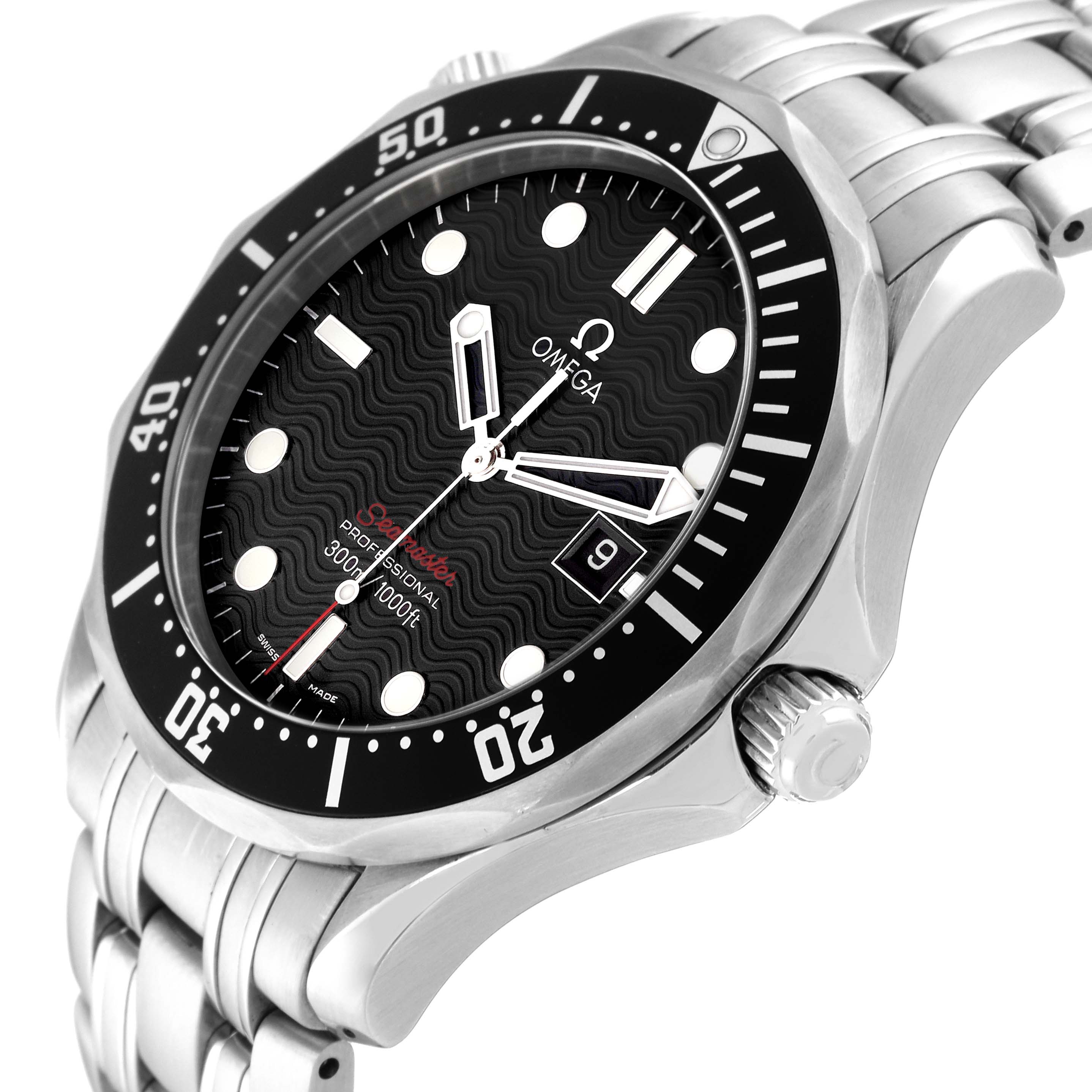 The Omega Seamaster 212.30.41.61.01.001 Men
s Stainless Steel Black Dial 212.30.41.61.01.001 Men
s Stainless Steel Black Dial watch is shown from a slight side angle, highlighting the bezel, face, crown, and part of the bracelet.