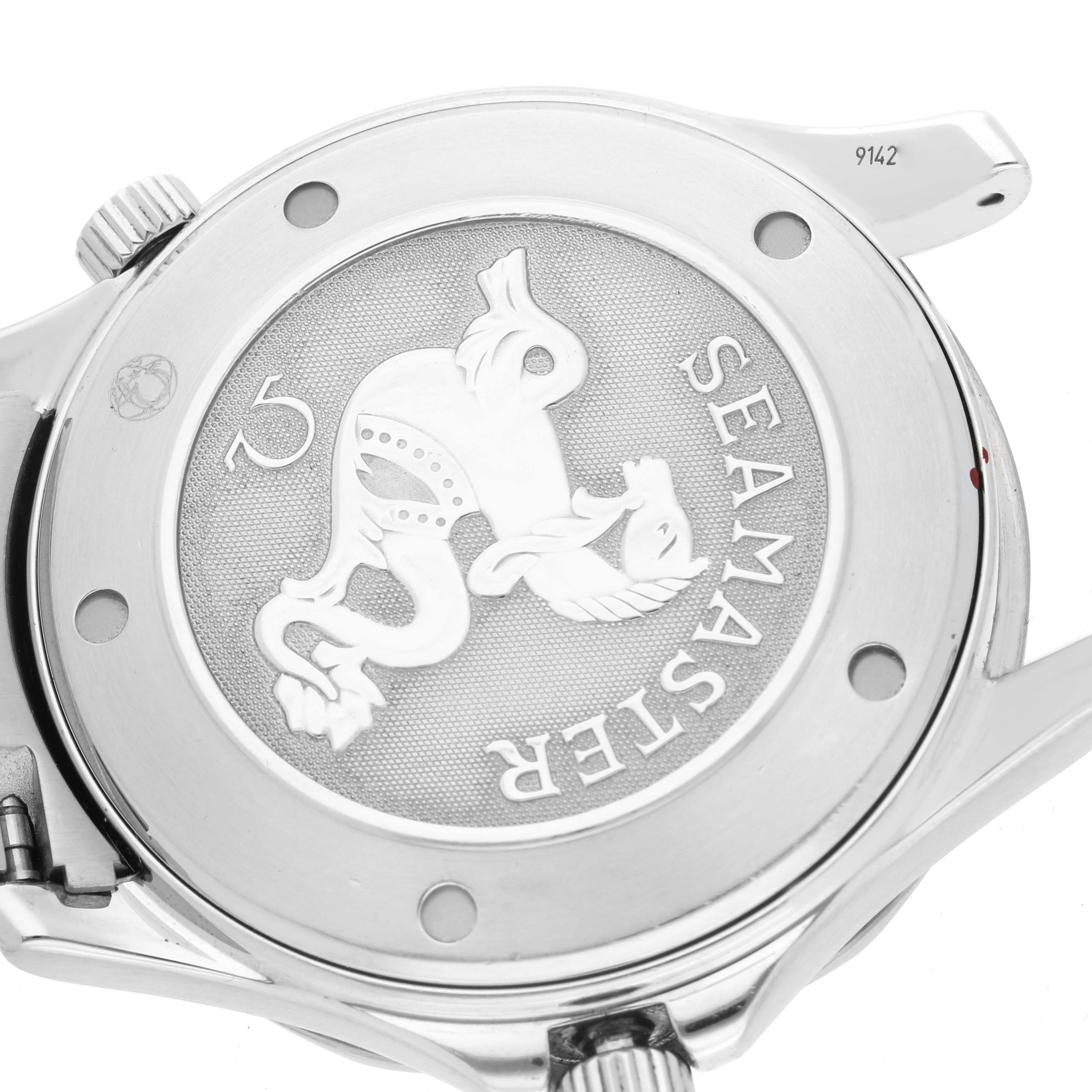 The image shows the back case of the Omega Seamaster 212.30.41.61.01.001 Men
s Stainless Steel Black Dial 212.30.41.61.01.001 Men
s Stainless Steel Black Dial watch, highlighting its engraved design and logo.