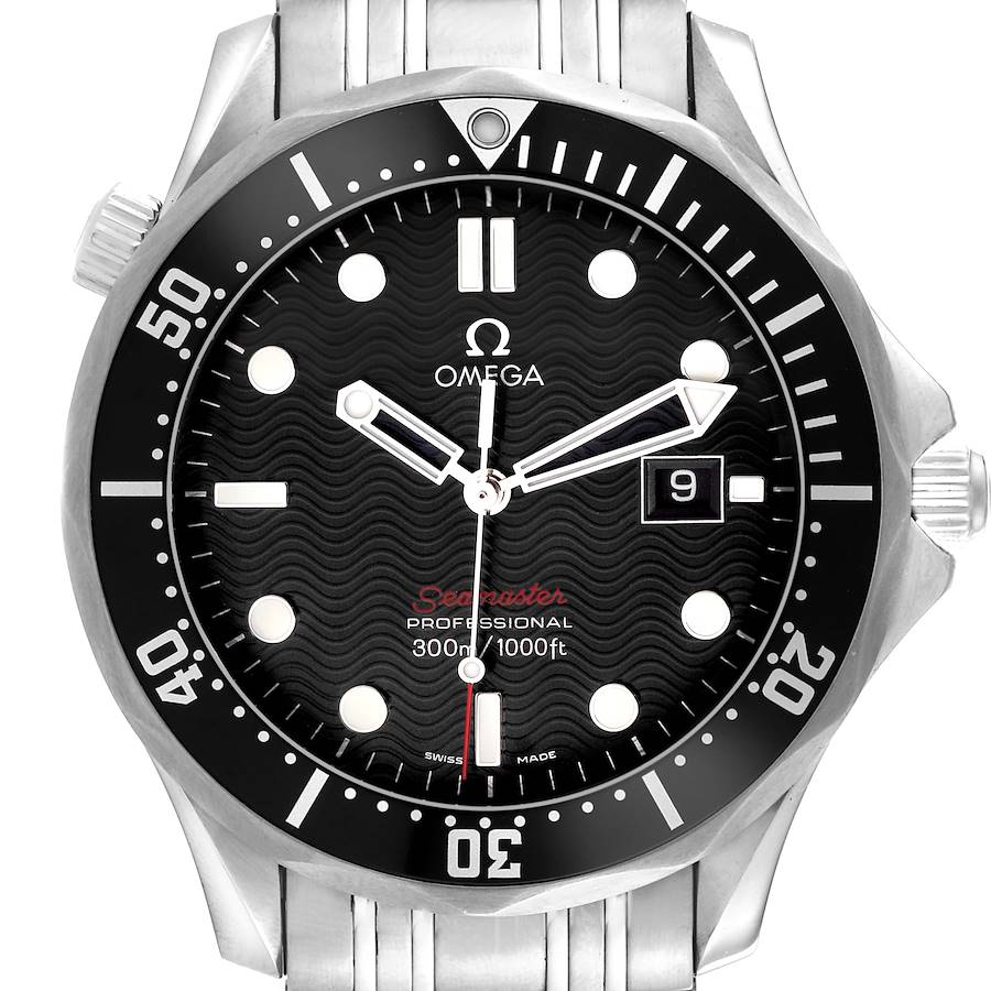 The Omega Seamaster watch is shown from a front angle, displaying the dial, bezel, and part of the bracelet.