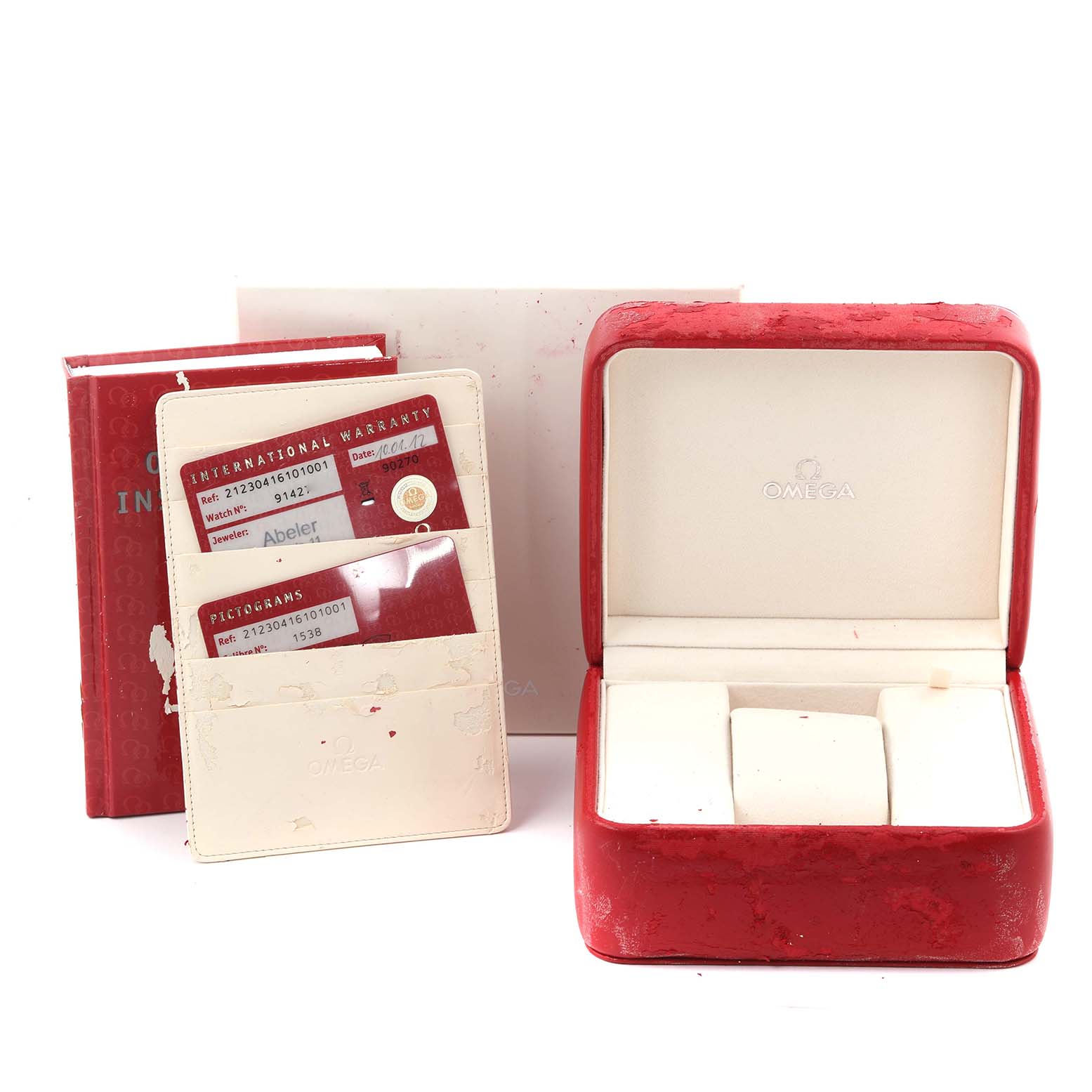 The image shows the Omega Seamaster 212.30.41.61.01.001 Men
s Stainless Steel Black Dial 212.30.41.61.01.001 Men
s Stainless Steel Black Dial watch box, warranty cards, and an instruction booklet.