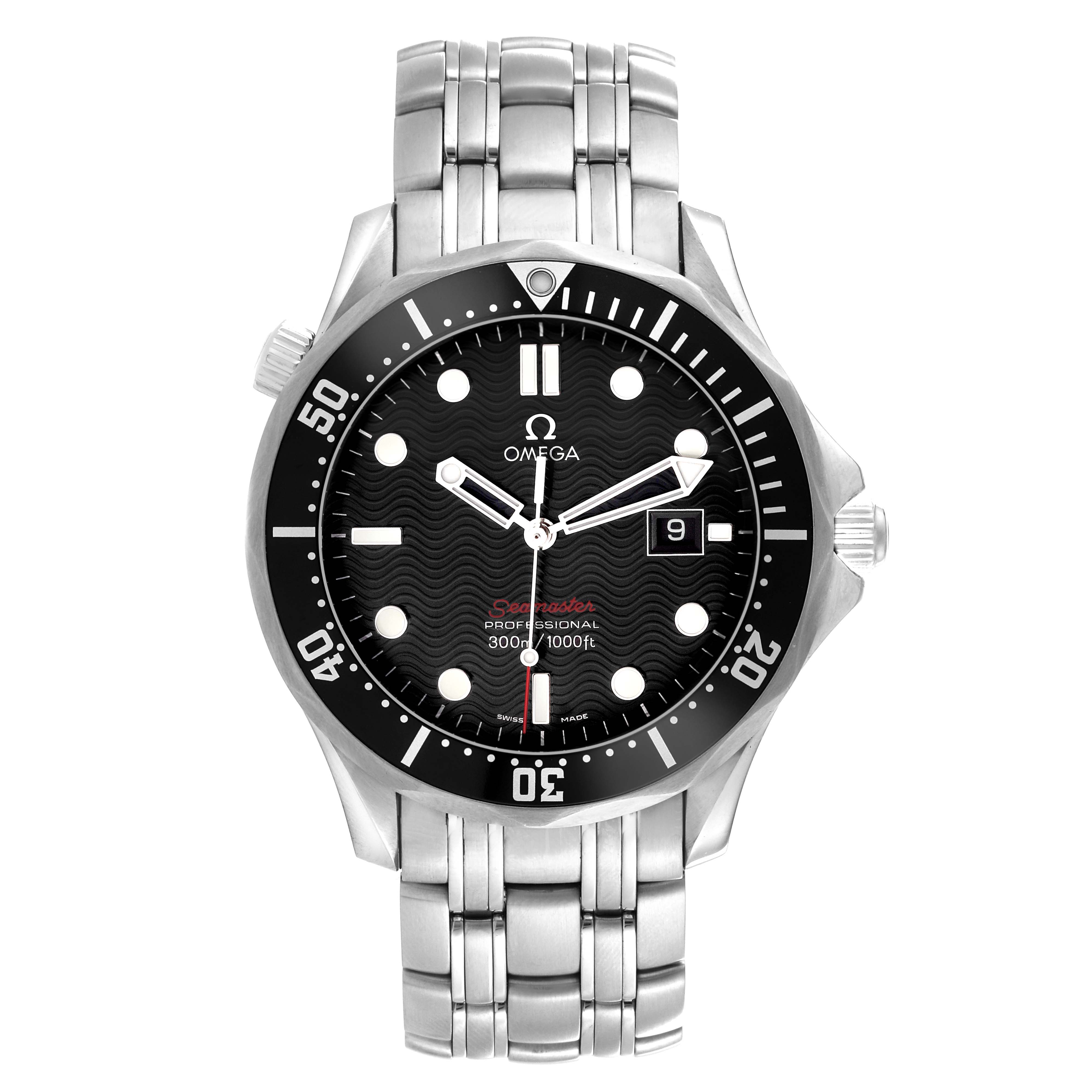 The Omega Seamaster 212.30.41.61.01.001 Men
s Stainless Steel Black Dial 212.30.41.61.01.001 Men
s Stainless Steel Black Dial watch is shown from a front angle, displaying its face, bezel, crown, and metal bracelet.