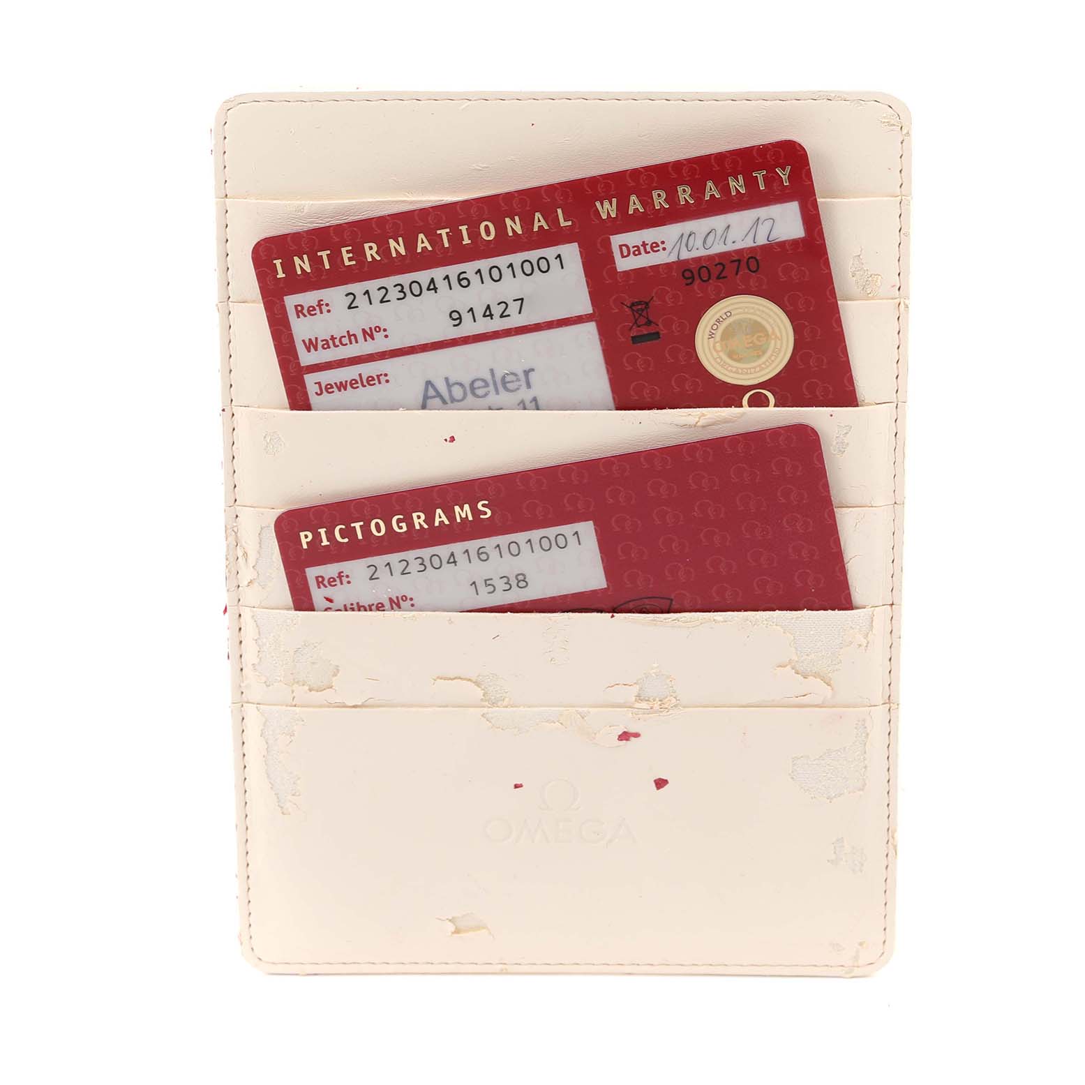 The image shows warranty and pictogram cards for an Omega Seamaster 212.30.41.61.01.001 Men
s Stainless Steel Black Dial 212.30.41.61.01.001 Men
s Stainless Steel Black Dial, placed in a white cardholder.